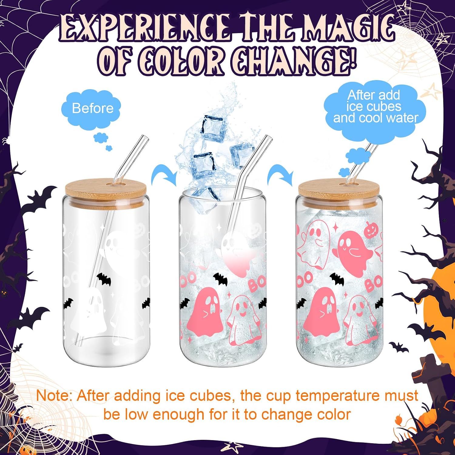 12 Pcs Halloween Glass Cups Gifts 16 oz Color Changing Ghosts Glass Tumblers with Lids Straws Brushes Funny Cute Ghosts Bat Iced Coffee Cups for Beer Soda Halloween Party Gift Supplies
