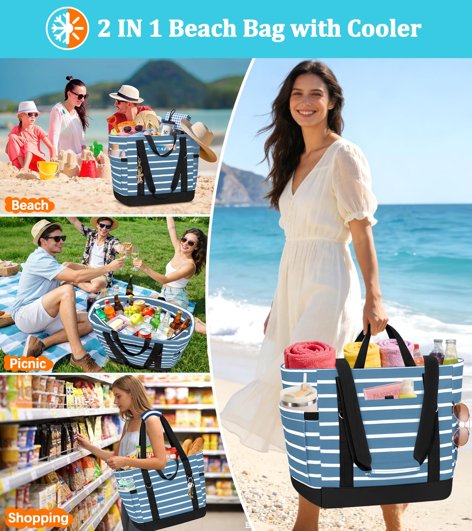 LUROON Borsa Mare Donna Grande XXL con Borsa Frigo, Borsa Spiaggia Famiglia Impermeabile con Cerniera, Pieghevole e Leggera Borse Tracolla Donna per Shopping Viaggio Campeggio