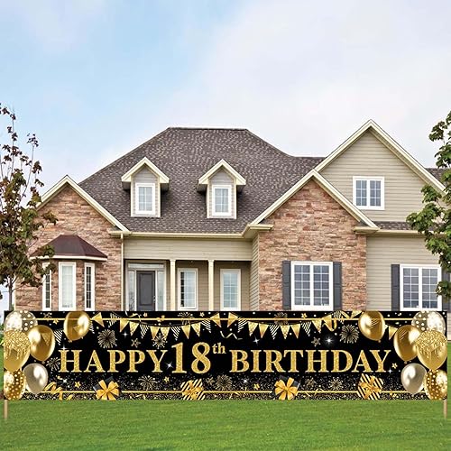 Miniatura 3 de Avezano Cartel de feliz cumpleaños negro y dorado para decoración de fiesta de cumpleaños, telón de fondo para suministros de pancarta de patio
