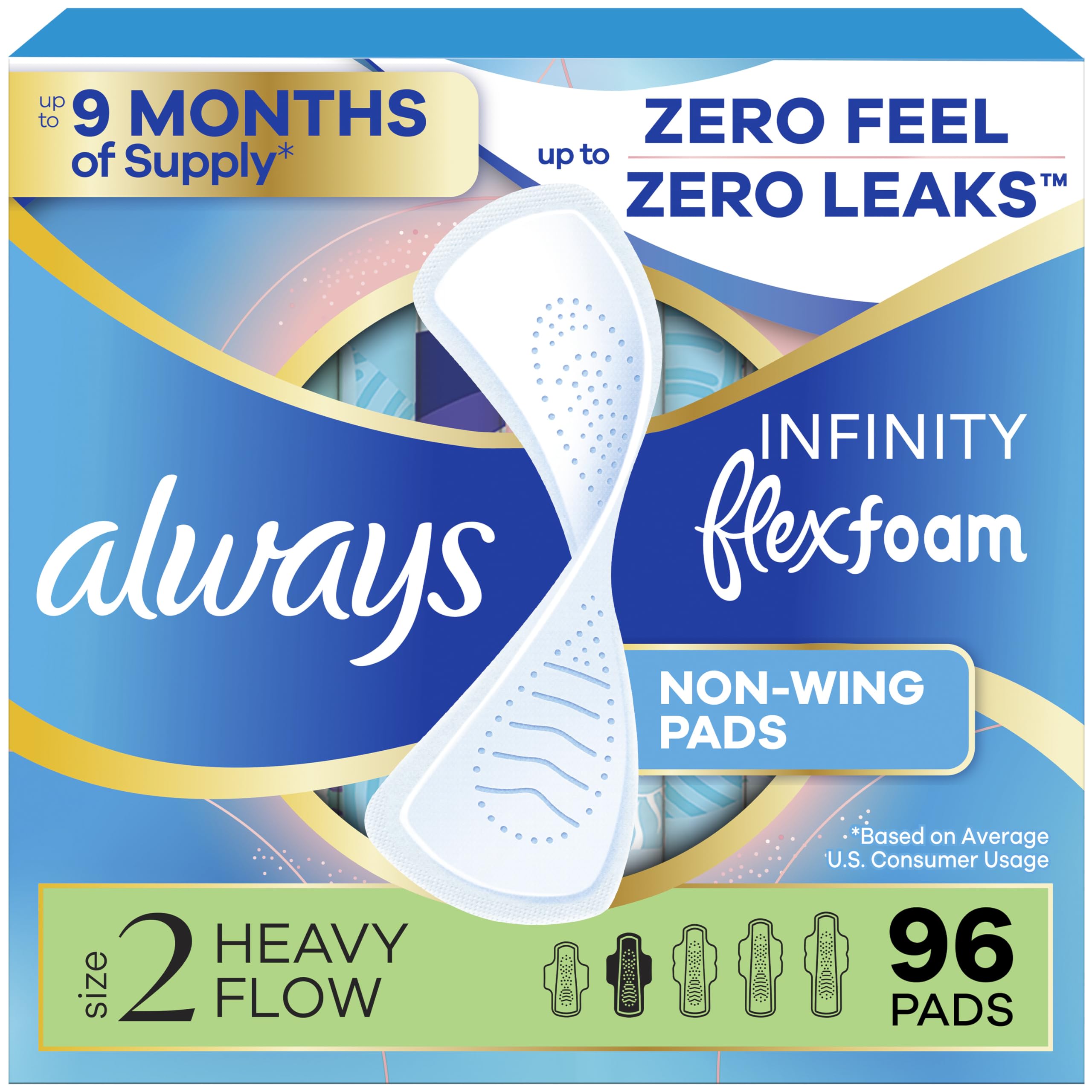 Always Infinity Feminine Binden für Damen, Flexfoam-Einlagen ohne Flügel, Größe 2, hohe Saugfähigkeit, geruchlos, 96 Stück (3 Packungen mit je 32 Stück)