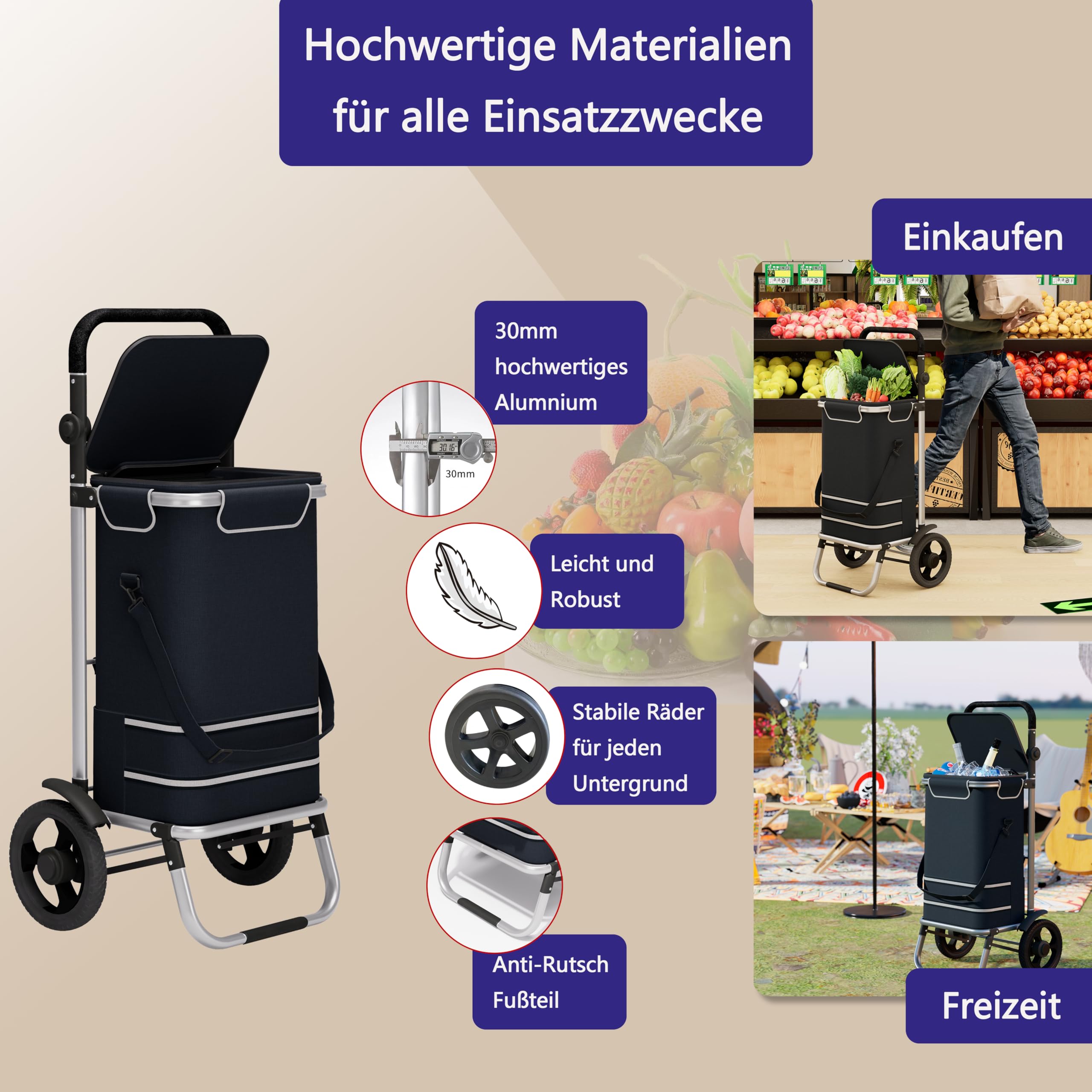 Einkaufstrolley 64L groß - Einkaufswagen klappbar, Trolley bis 60kg, Einkaufstasche mit Rollen und Kühlfach, Einkaufsroller mit Reflektor, Handwagen inkl. Einkaufswagenchip, Schwarz