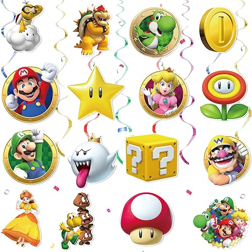 32 piezas de remolinos colgantes de Mario para fiestas de cumpleaños, suministros para fiestas de cumpleaños con temática de Super Brothers