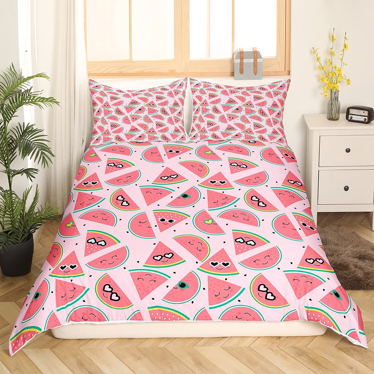 Homemissing Cute Watermelon Duvet Cover Cartoon Watermelons Bedding Set Funny Red Watermelon Slice Design Comforter Cover for Boys Girls Kids Pink Tropical Fruit Bedding & Linen King Size - Image 4