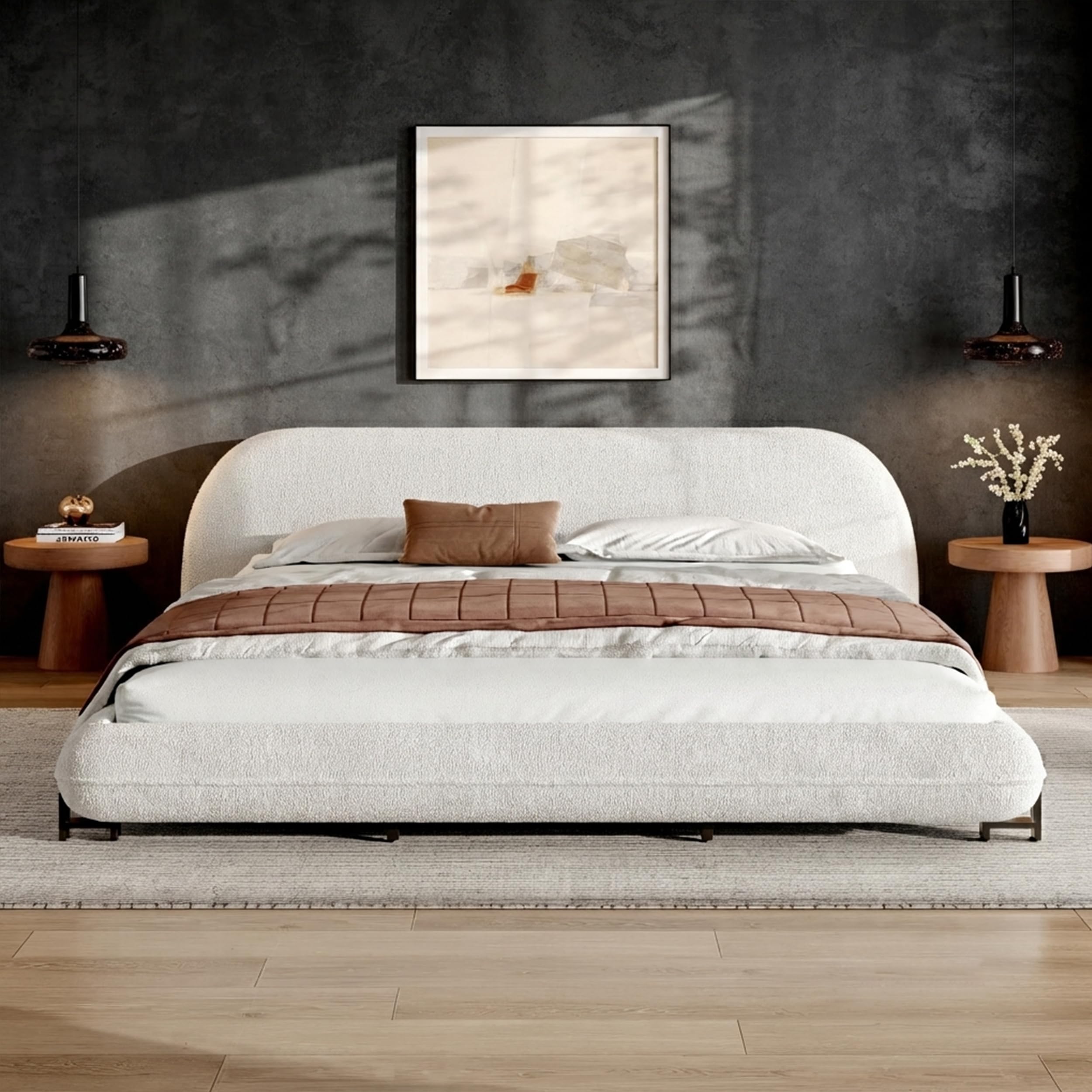 Boucle Platform Bed with Upholstered Headboard