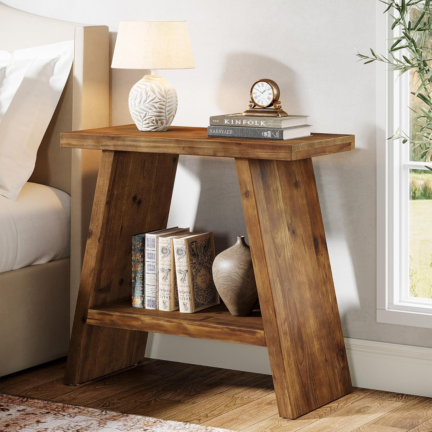 Solid Wood End Table for Living Room, Narrow Small Side Table with 2-Tier Storage, Farmhouse Bedside Nightstand for Bedroom, Small Places, Rustic Brown (1PCS)
