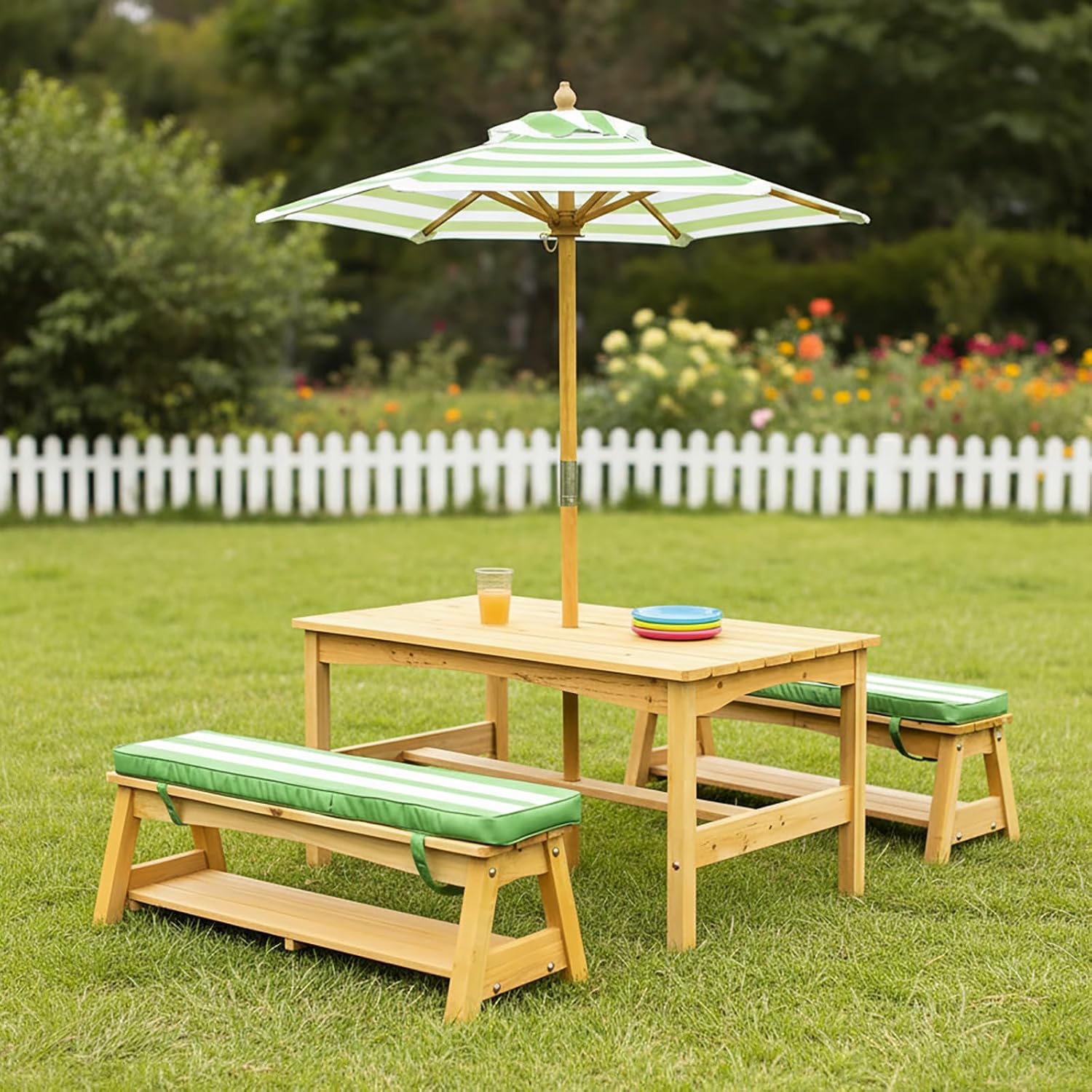 Kids Table & Chair Set, Toddler Wooden Activity Table with Umbrella & Padded Cushions, Indoor Outdoor Furniture for Patio, Garden, Backyard, Picnic, Sensory Play for Toddlers 3- Red 35.8x59.8
