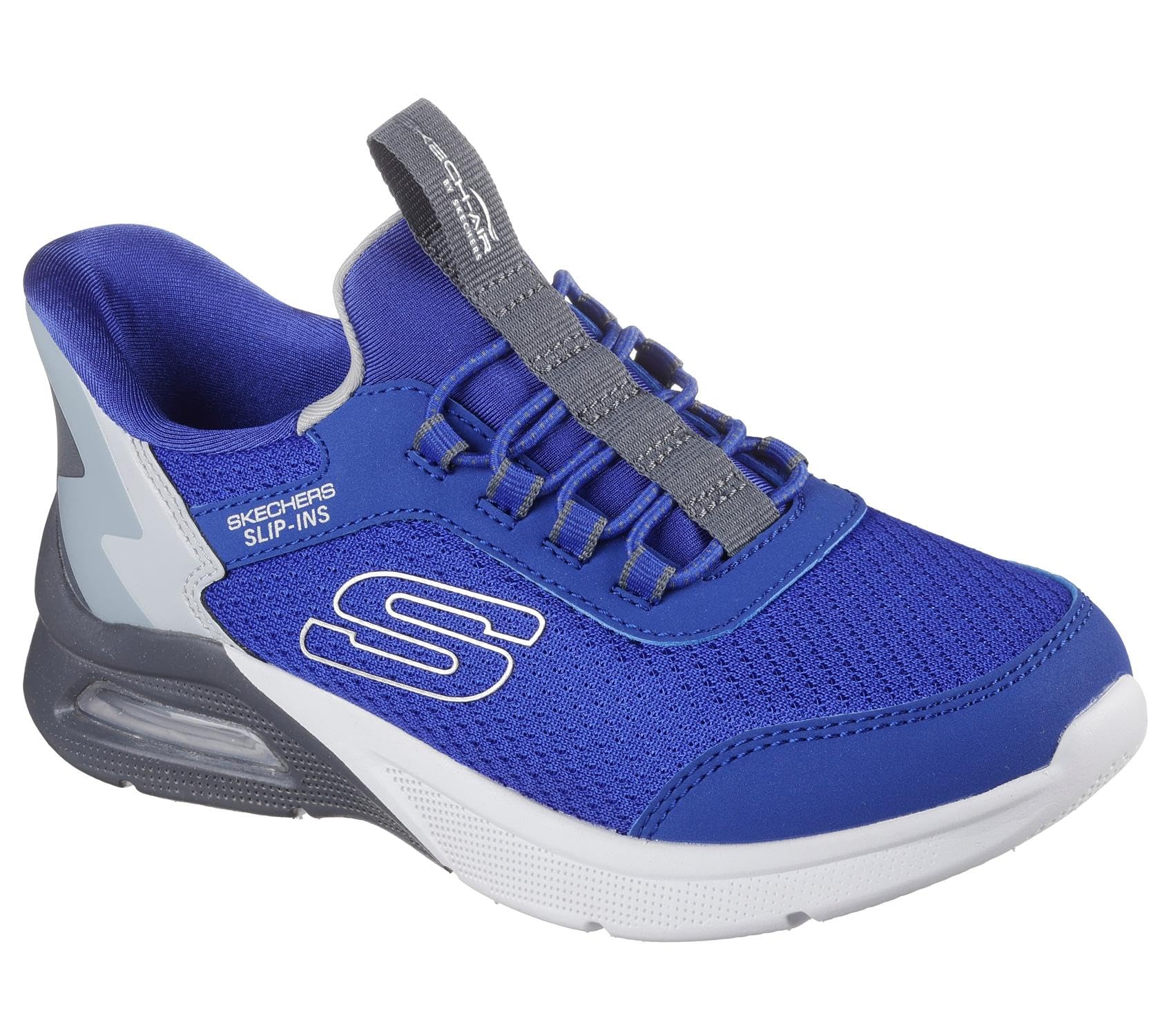 Skechers Boy's Microspec Max Brisk-Stripe Slip-in Trainers, Blue Textile/Synthetic/Gray Trim, 4 UK Child