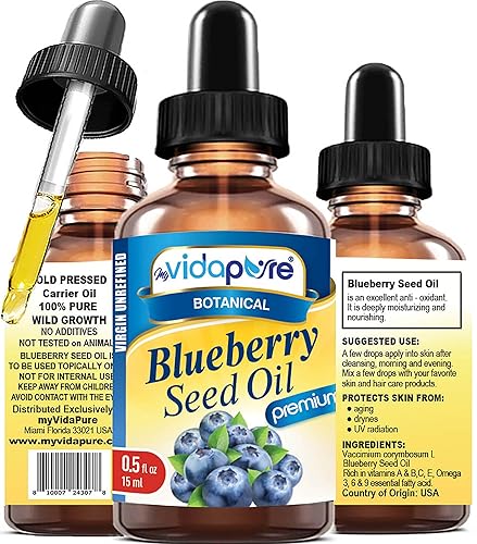 MYVIDAPURE Aceite de semillas de arándano 100% puro, virgen sin refinar, prensado en frío. Hidratante para cara, piel, cabello, uñas, cicatrices,