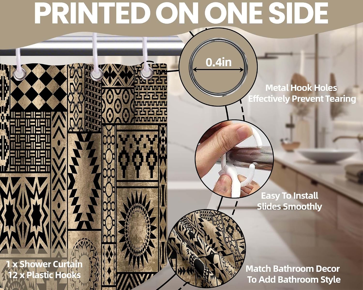 Samoan Shower Curtain, Polynesian Tiki Hawaiian Shower Curtains for Bathroom Decor Tropical Mens Bath Curtain Set, Waterproof Fabric with Hooks (70''W x 84''L)
