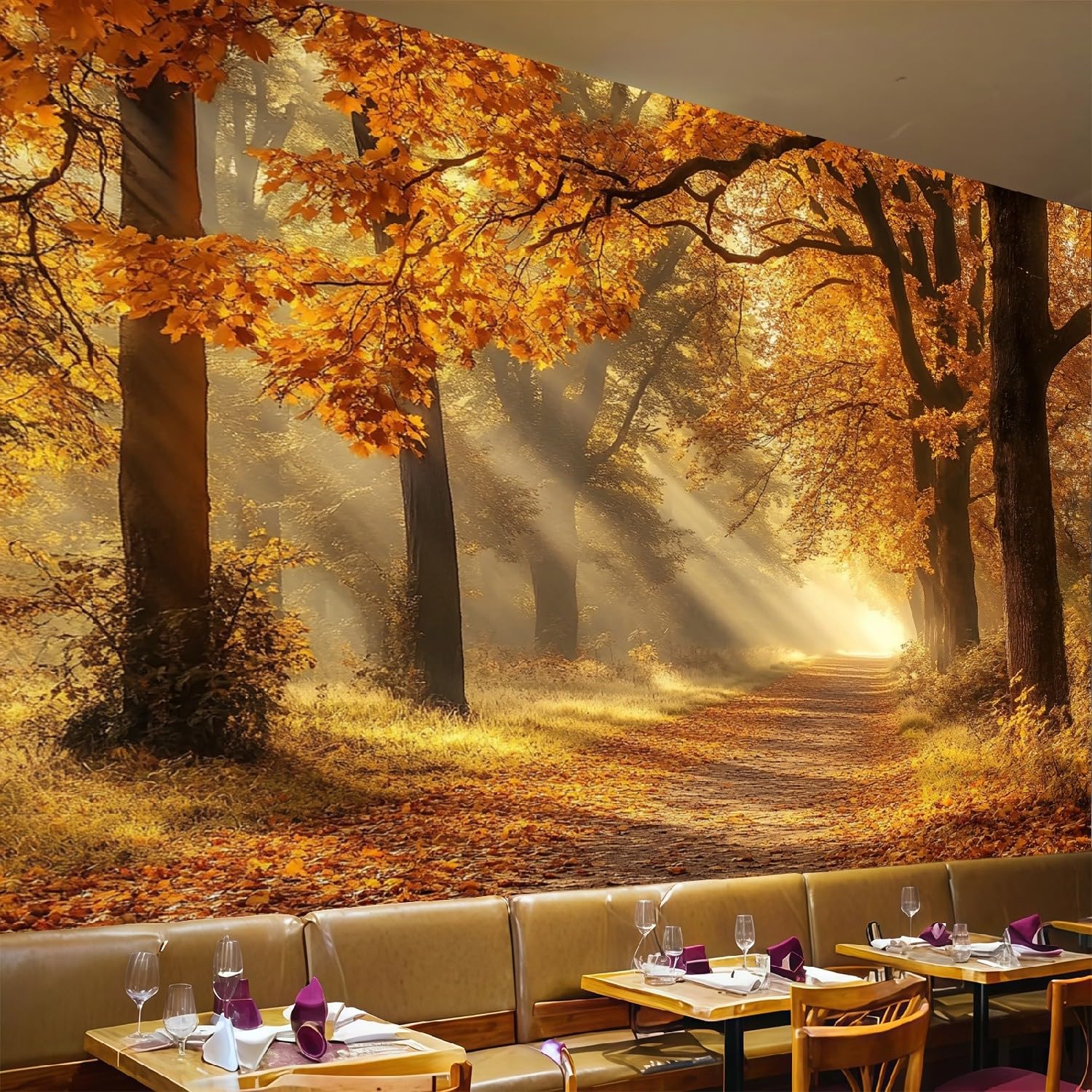 Kids Wall Mural Wallpaper Forest Autumn Trees Non-Woven Brown Bedroom Nursery Wall Decor 350 x 256 cm