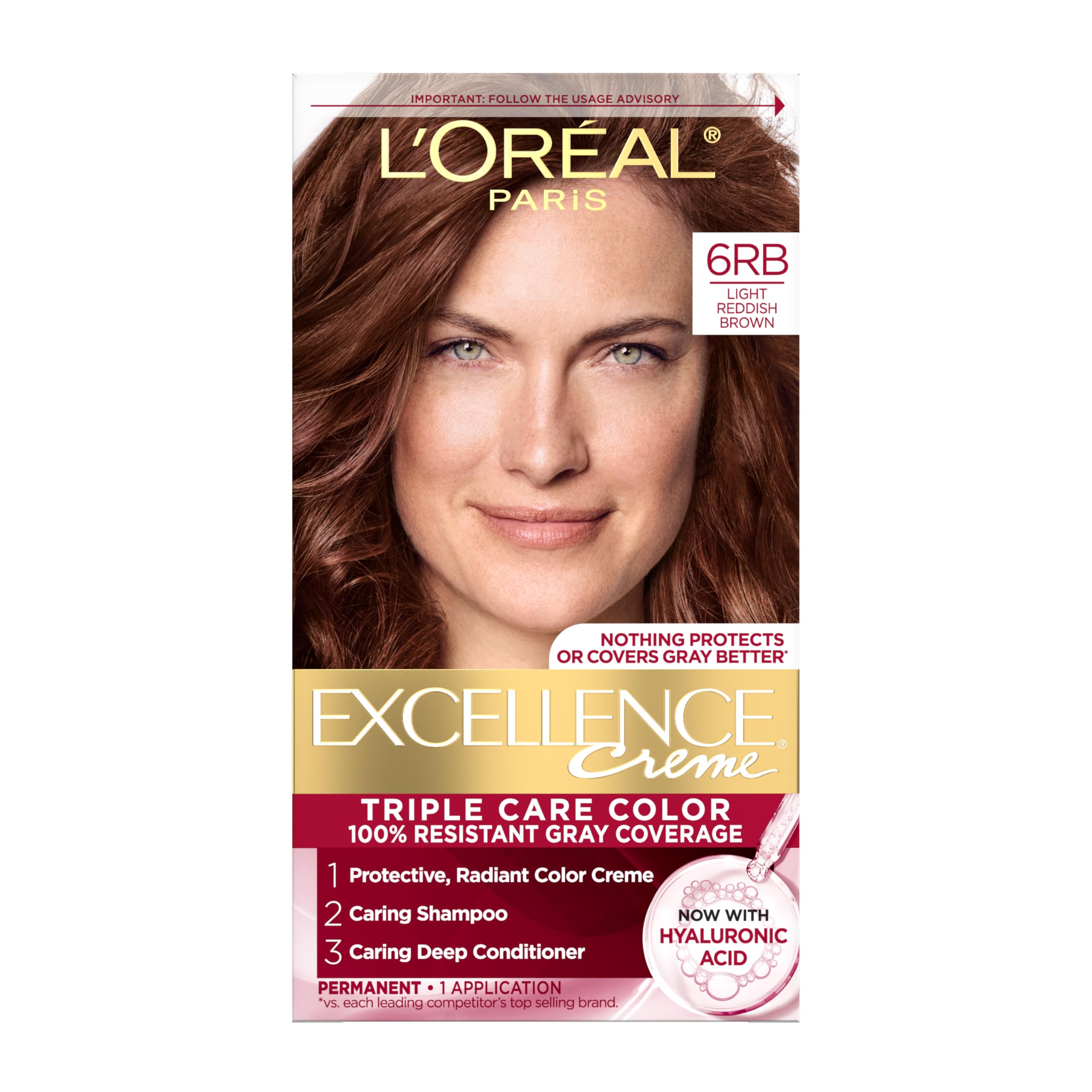 L'Oreal ParisExcellence Crème Permanent Hair Dye, Triple Care Hair Color with Pro-Keratine Complex for 100% Gray Hair Coverage, 6RB Light Reddish Brown, 1 Kit