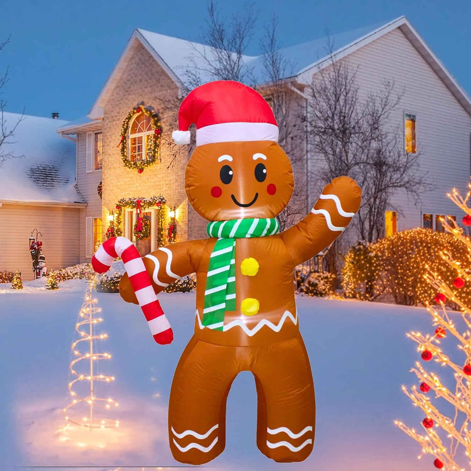 PTS 5FT Inflatable Gingerbread Man Outdoor Decoration, Christmas Blow Up Yard Decorations, Built-in LED Lights Inflatables Xmas Holiday Funny Decor for Indoor Lawn Garden