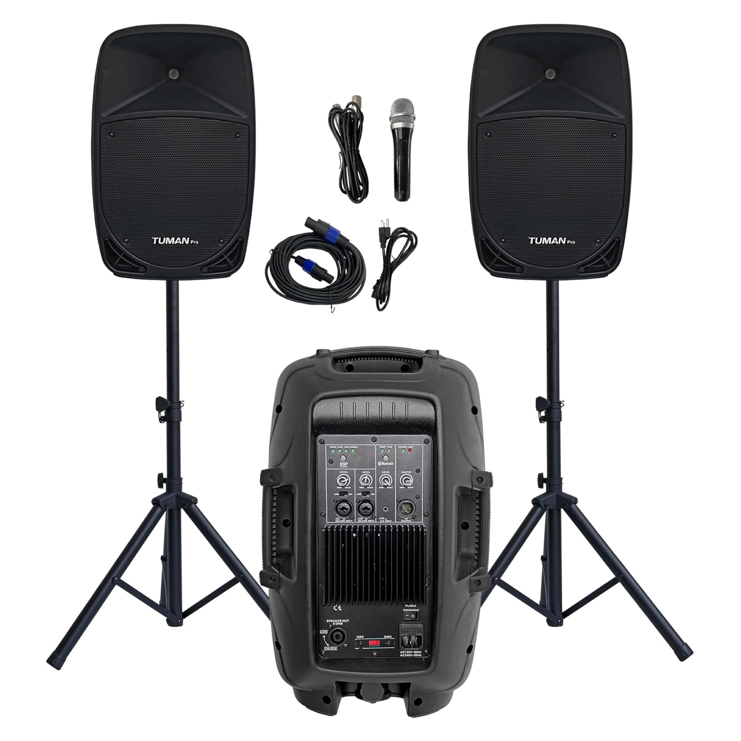 Sistema di altoparlanti PA da 10 pollici, 1200 W ad alta potenza, compatibile con Bluetooth attivo + passivo, altoparlanti per esterni, karaoke, radio FM, telecomando, 2 supporti per altoparlanti