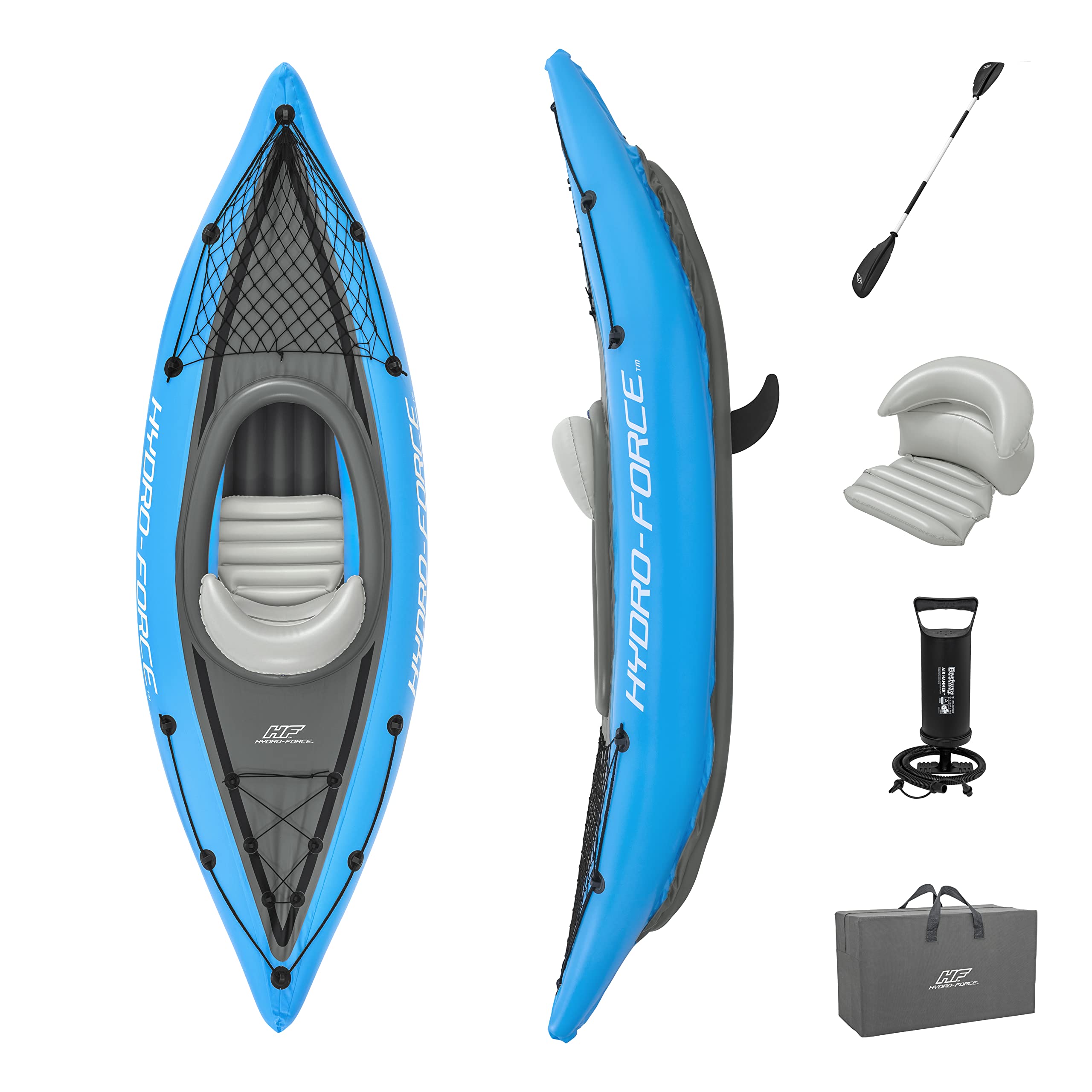 Hydro-Force Cove Champion, set kayak gonfiabile per 1 persona con pompa a mano, pagaie, borsa per il trasporto, blu