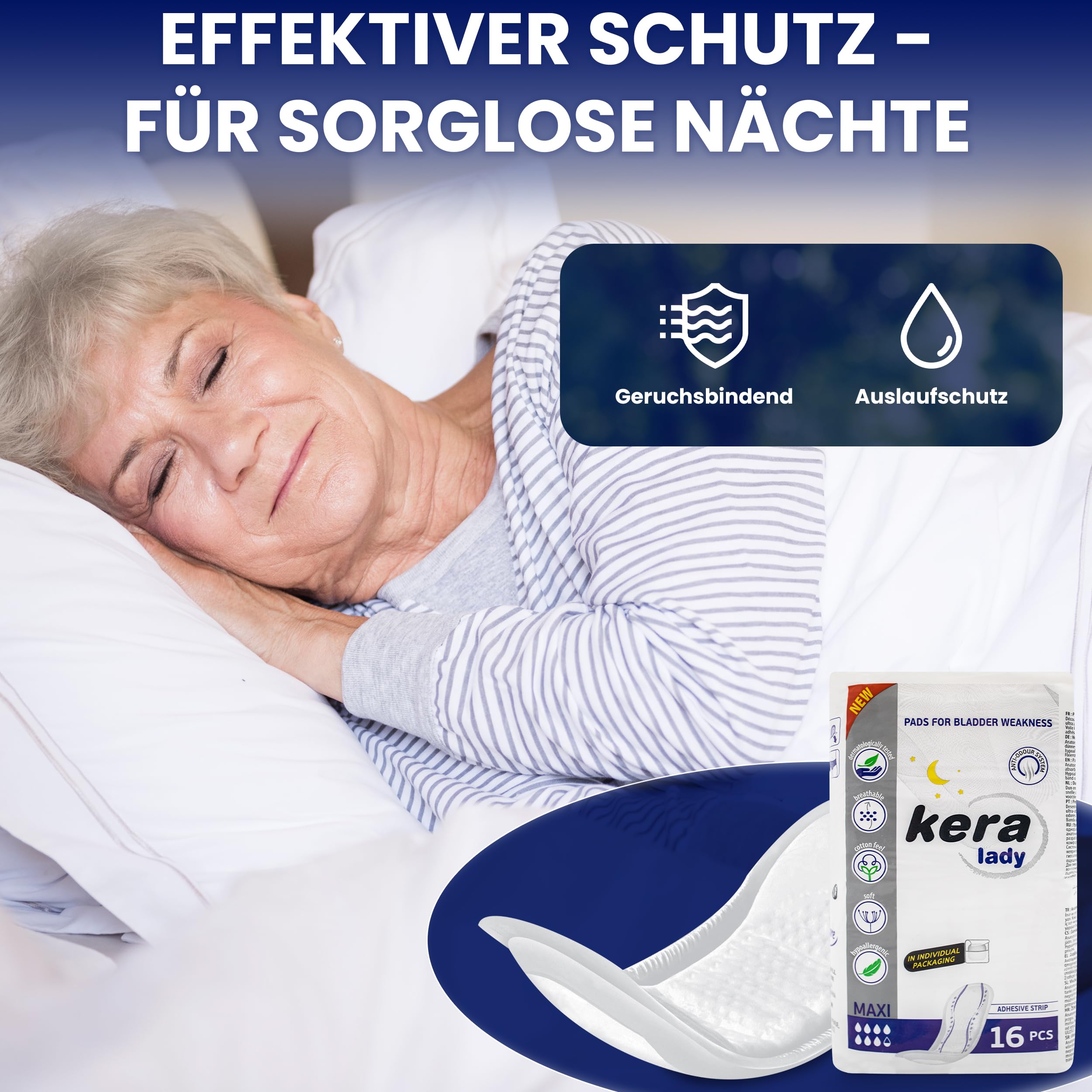 KERA® Inkontinenzeinlagen für Damen extra stark – MAXI saugstarke Hygieneeinlagen für Damen bei mittlerer bis starker Blasenschwäche – diskrete Inkontinenzeinlagen für die Nacht (3 x 16 Stück)