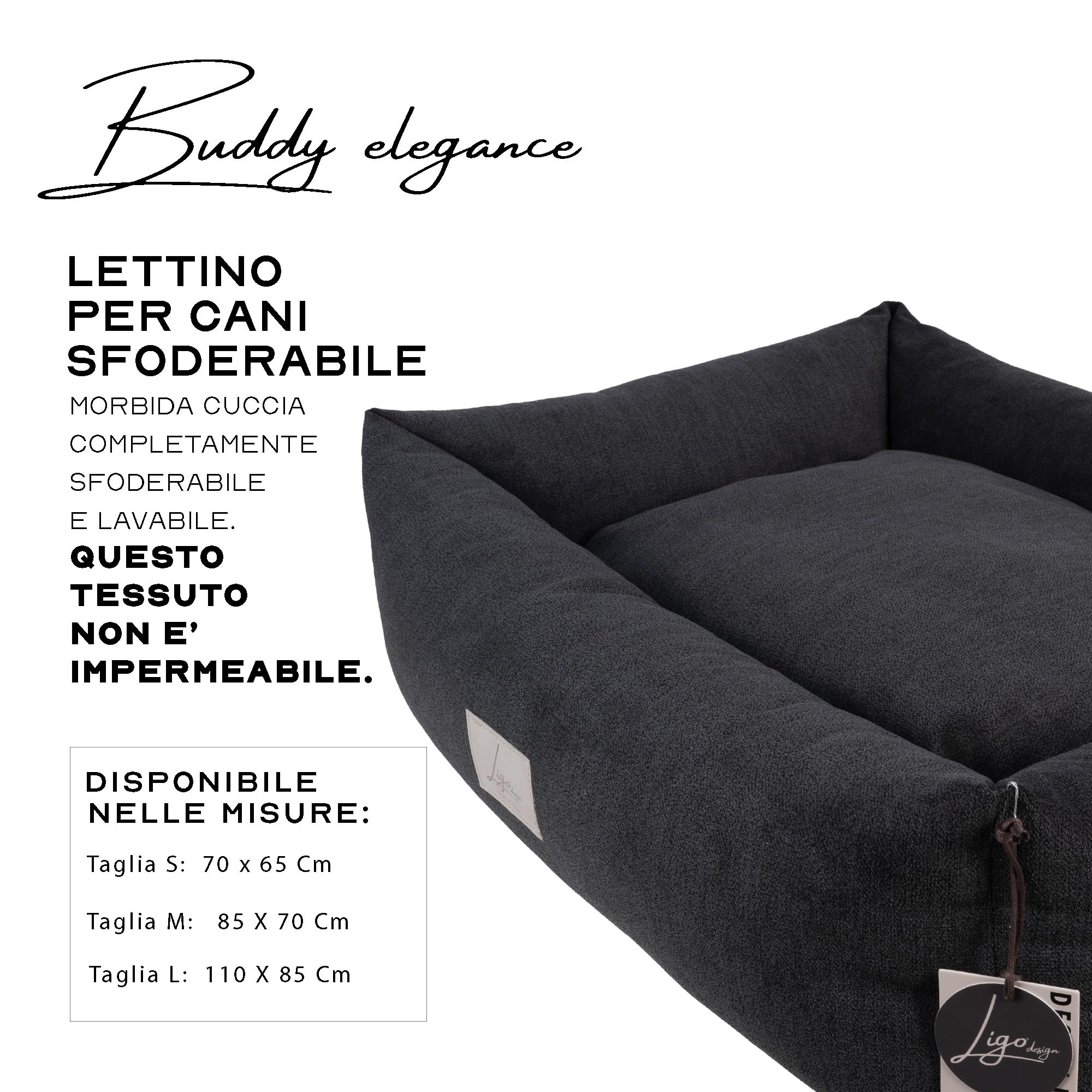 Ligo Buddy Elegance- Lettino Cuccia per cani realizzata in Italia. Cuscino materasso per Cane cuccetta completamente sfoderabile e lavabile in lavatrice. (XS/S: 50 X 60 cm, SOFT CARBONE)