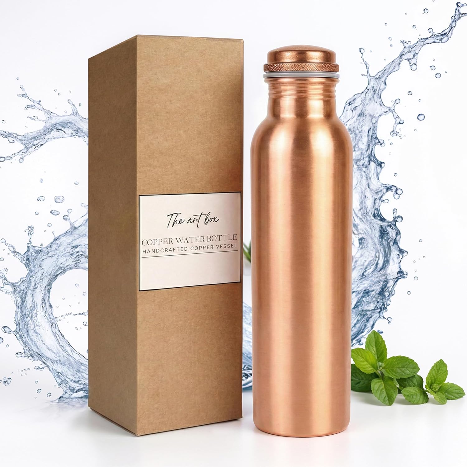 THE ART BOX Pure Copper Water Bottle 34 oz (1000 ml) – Lab Tested, Leak-Proof Ayurvedic Copper Bottle for Drinking Water, BPA-Free, Eco-Friendly, Handcrafted for Daily Hydration & Wellness
