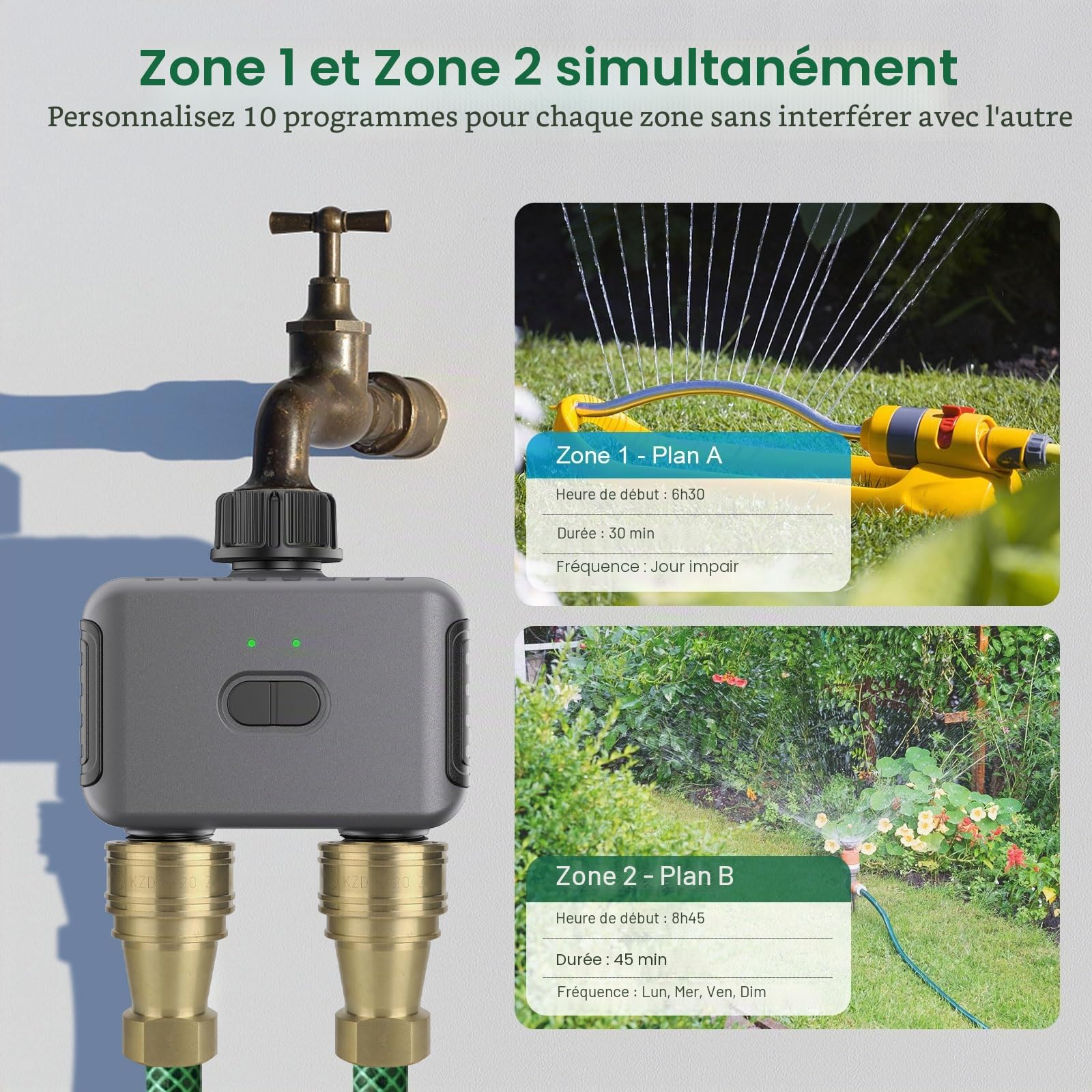 Haozee Minuteur d'eau intelligent WiFi - 2 zones - Minuterie d'arrosage WiFi - Minuteur intelligent pour l'eau - Système d'arrosage automatique de jardin