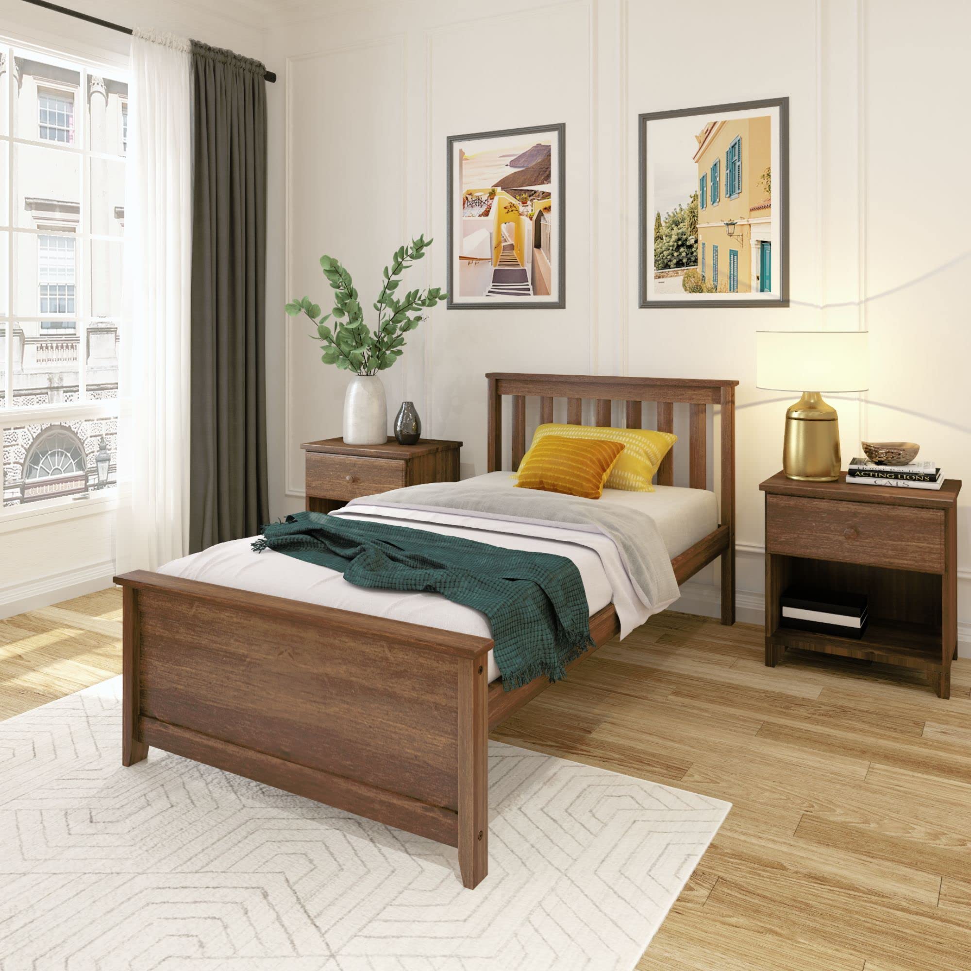 Plank+Beam Solid Wood Twin Bed Frame, Platform Bed with Headboard, Walnut, Walnut, Twin with Slatted Headboard