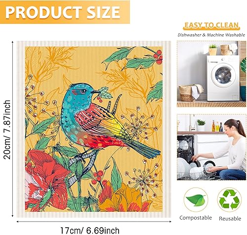 Miniatura 2 de Nitial 6 paños de cocina suecos florales de pájaros, reutilizables, absorbentes y de secado rápido, paños de limpieza para cocina, pájaros, flores