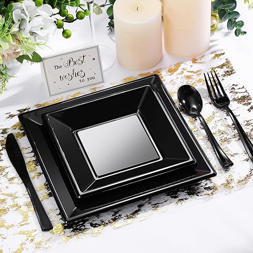 Miniatura 3 de Rtteri 250 platos cuadrados de plástico desechables, platos cuadrados de plástico para fiesta, incluye 50 platos de cena, 50 platos de postre, 50