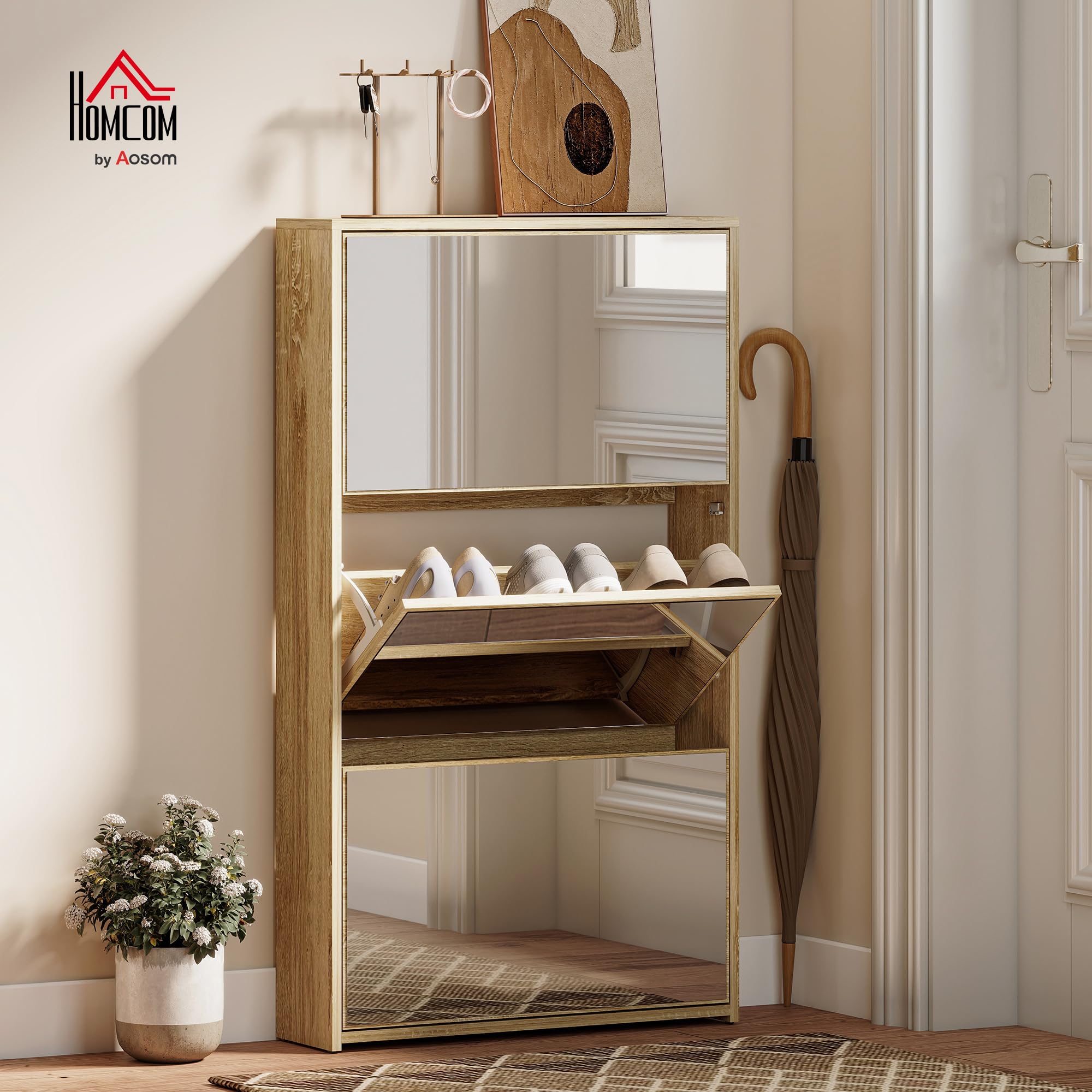 HOMCOM Zapatero Estrecho 3 Puertas con Espejo 65x17x114,5 cm Natural | Zapatero Entrada Recibidor, para 9 Pares de Zapatos, para Pasillo, Espacios Reducidos