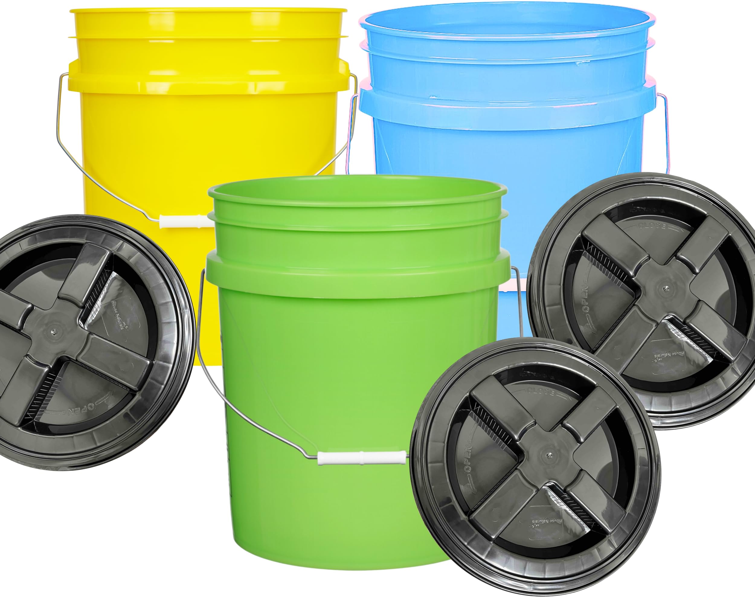House Naturals 5 Gallon Food Grade Multi Color Buckets (Yellow Aqua Lime Green)- Pack of 3- Made in USA (Black lids)