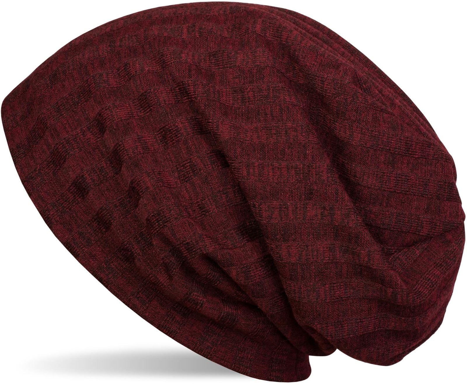 Stylebreaker Women's Mottled Claret-Red Warm Fine-Knit Beanie Hat With Stripe Knitting Pattern And Very Soft Fleece Inner Lining, Slouch Long Beanie, Unisex 04024108, Color: