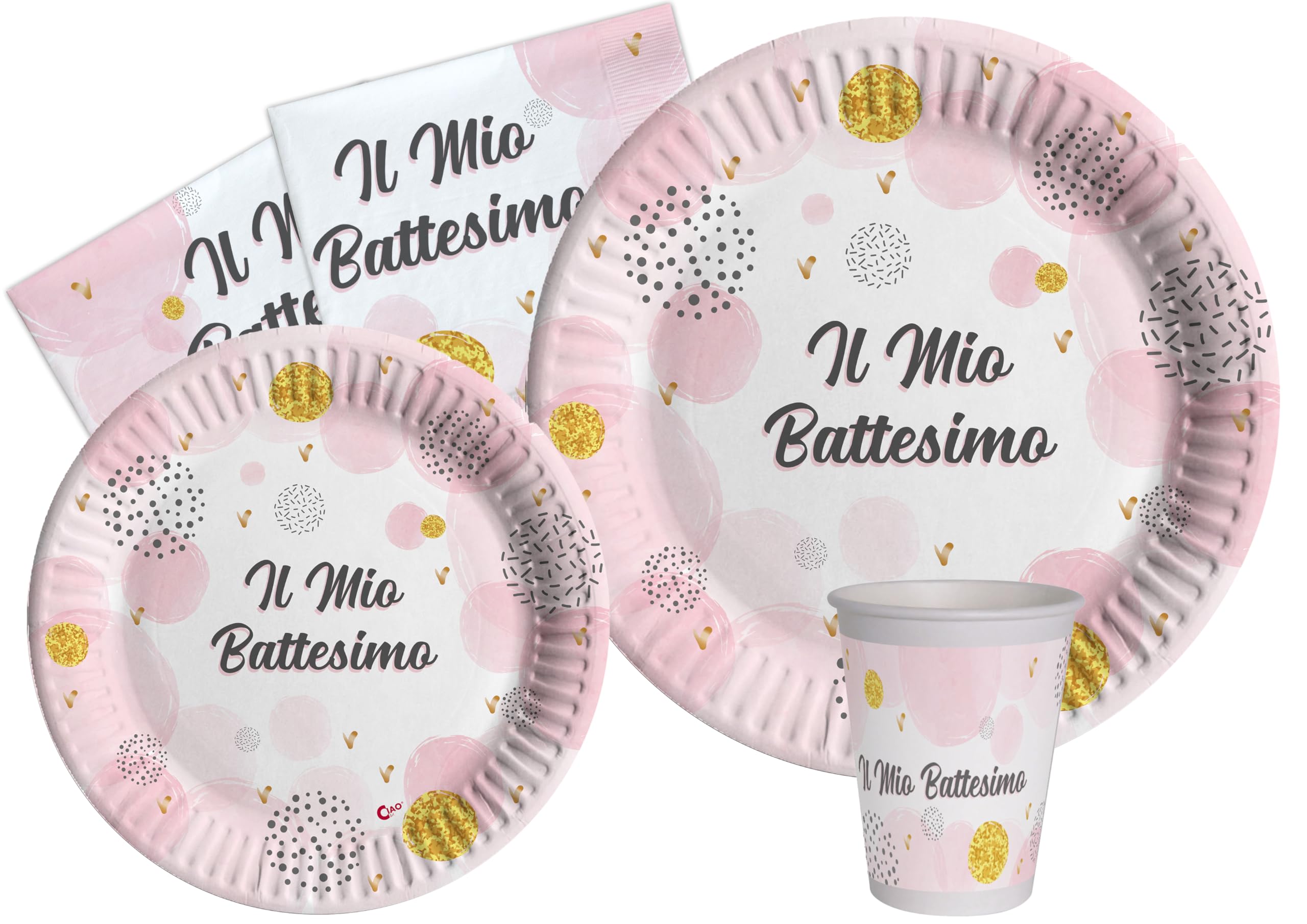 Ciao Party Tableware Set Battesimo for 24 People (112 pcs: 24 Plates Ø23cm, 24 Plates Ø18cm, 24 Cups 200ml, 40 Napkins 33x33cm) in eco-Friendly compostable Paper, Pink
