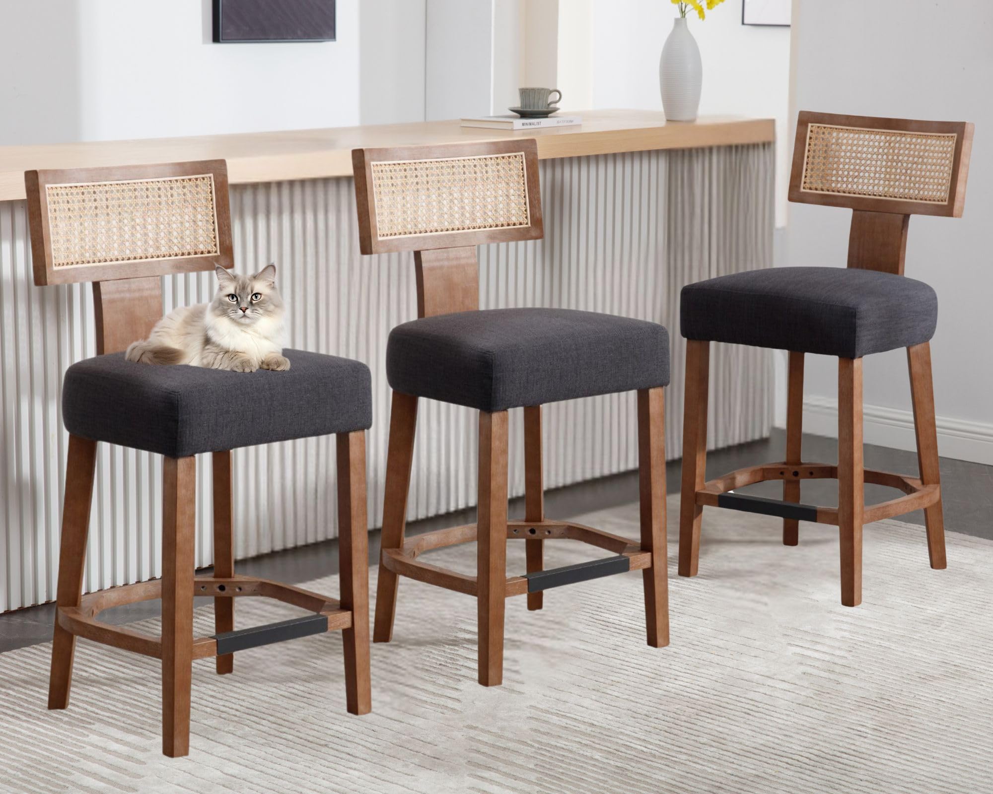 26’’ Rattan Barstools with Back Counter Height Bar Stools Set of 3, Modern Farmhouse Charcoal Linen Upholstered Wicker Counter Stools, Woven Boho Bar Height Stools with Natural Wood Frame