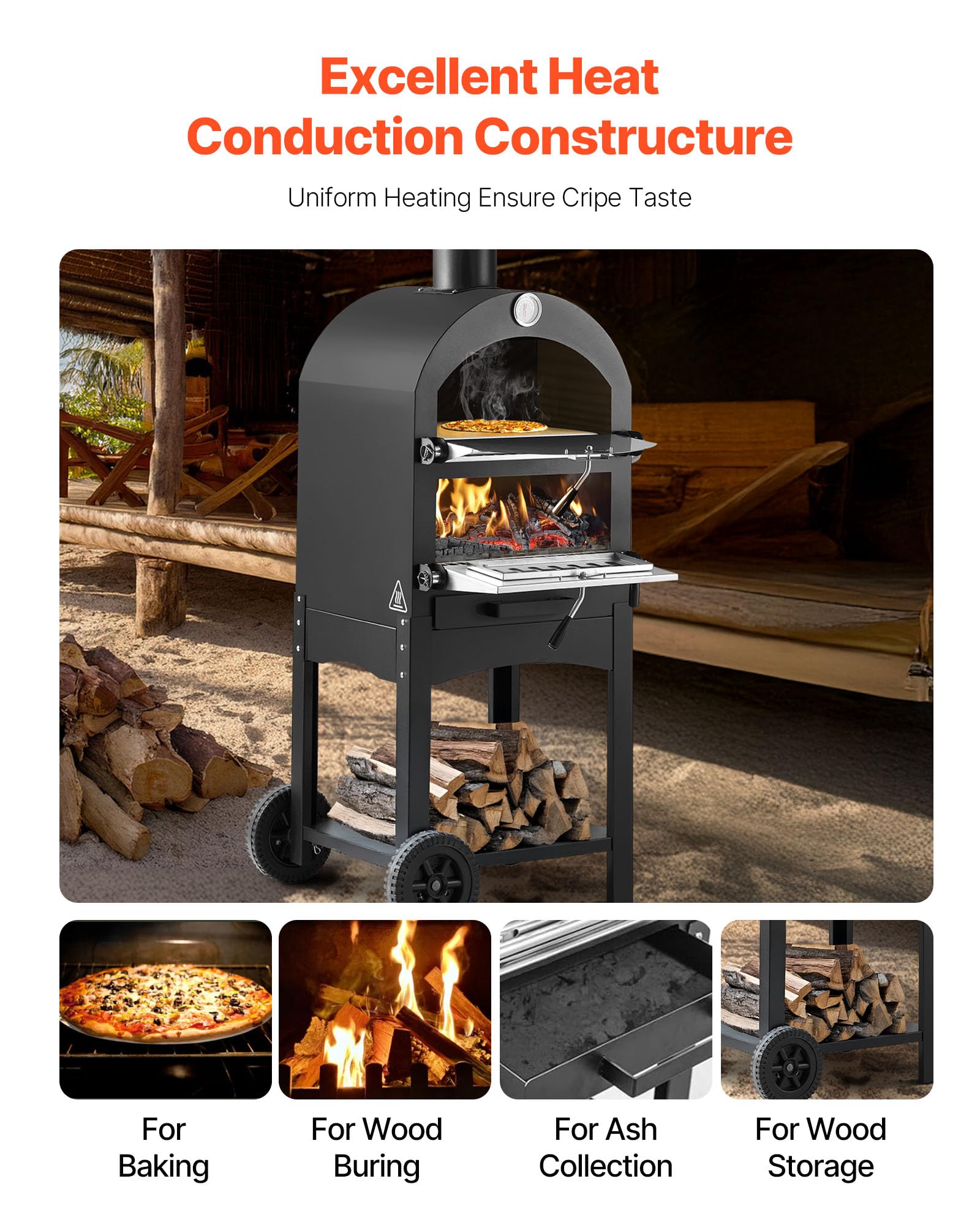 VEVOR Four à Pizza d’Extérieur 12 pouces 305 mm, Four à Granulés de Bois 2 Niveaux, avec Deux Roues Amovibles, Température Maximale de 538 °C, pour Réunion Camping Jardin Arrière-Cour Barbecue