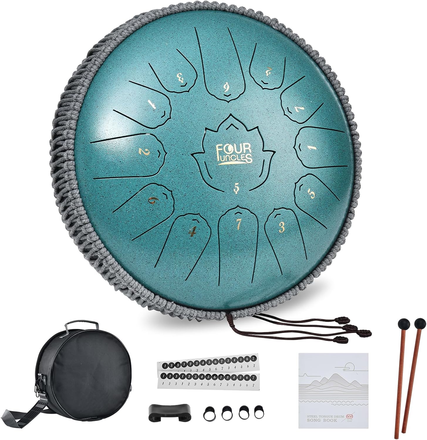 FOUR UNCLES Steel Tongue Drum 12 Inch 13 Notes Hand Pan Drums with Travel Bag Sticks Music Book Mallets, C Major Musical Instruments for Entertainment Meditation Yoga Zen Gifts (Malachite)