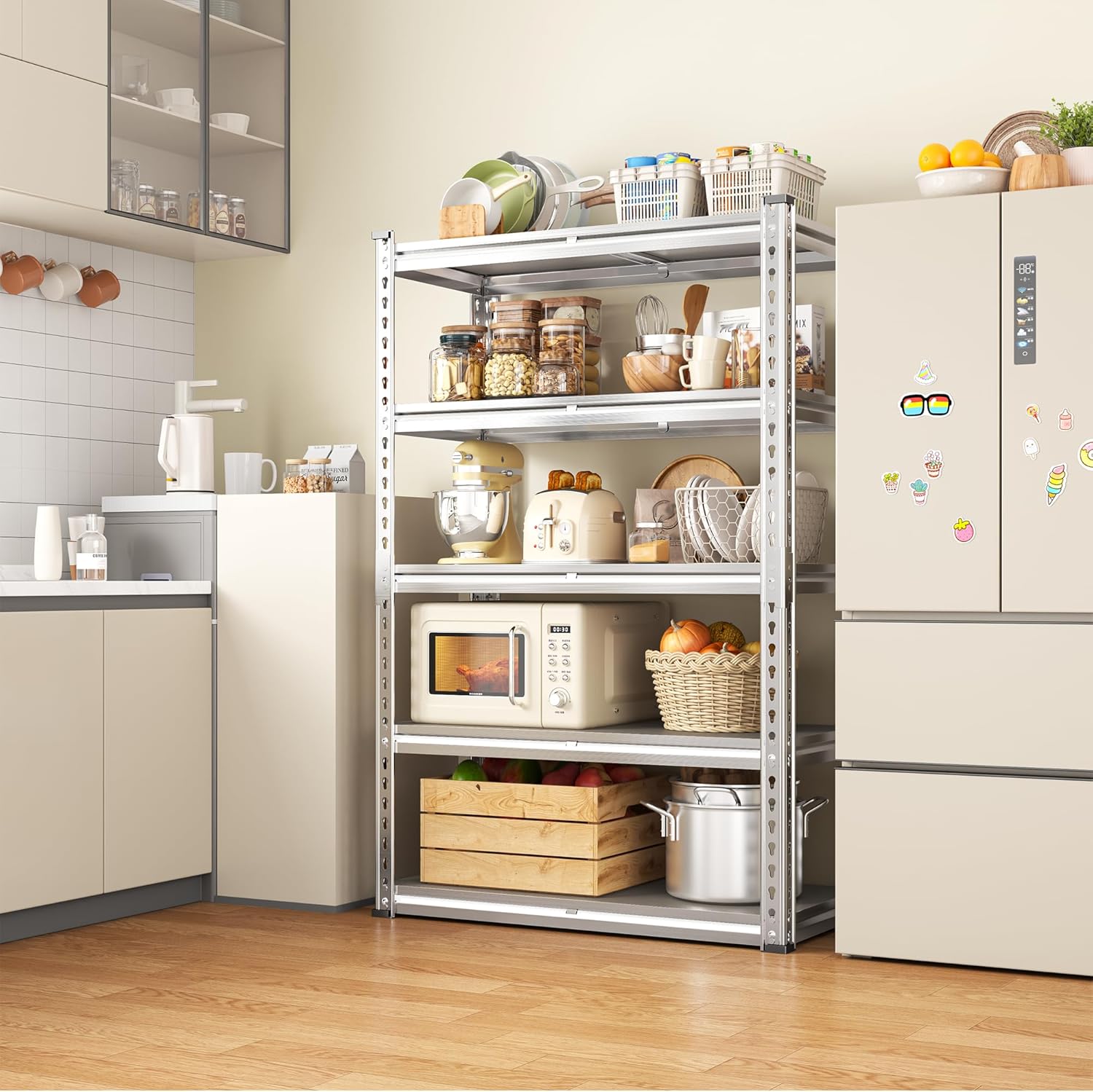 5 Tier Storage Shelves Heavy Duty Load 2000LBS,Metal Shelving Unit and Storage with PP Broad,Adjustable Pantry Shelves forCloset Kitchen Basement Warehouse,60"H x 27.5"W x 11.8"D, Sliver Shelves
