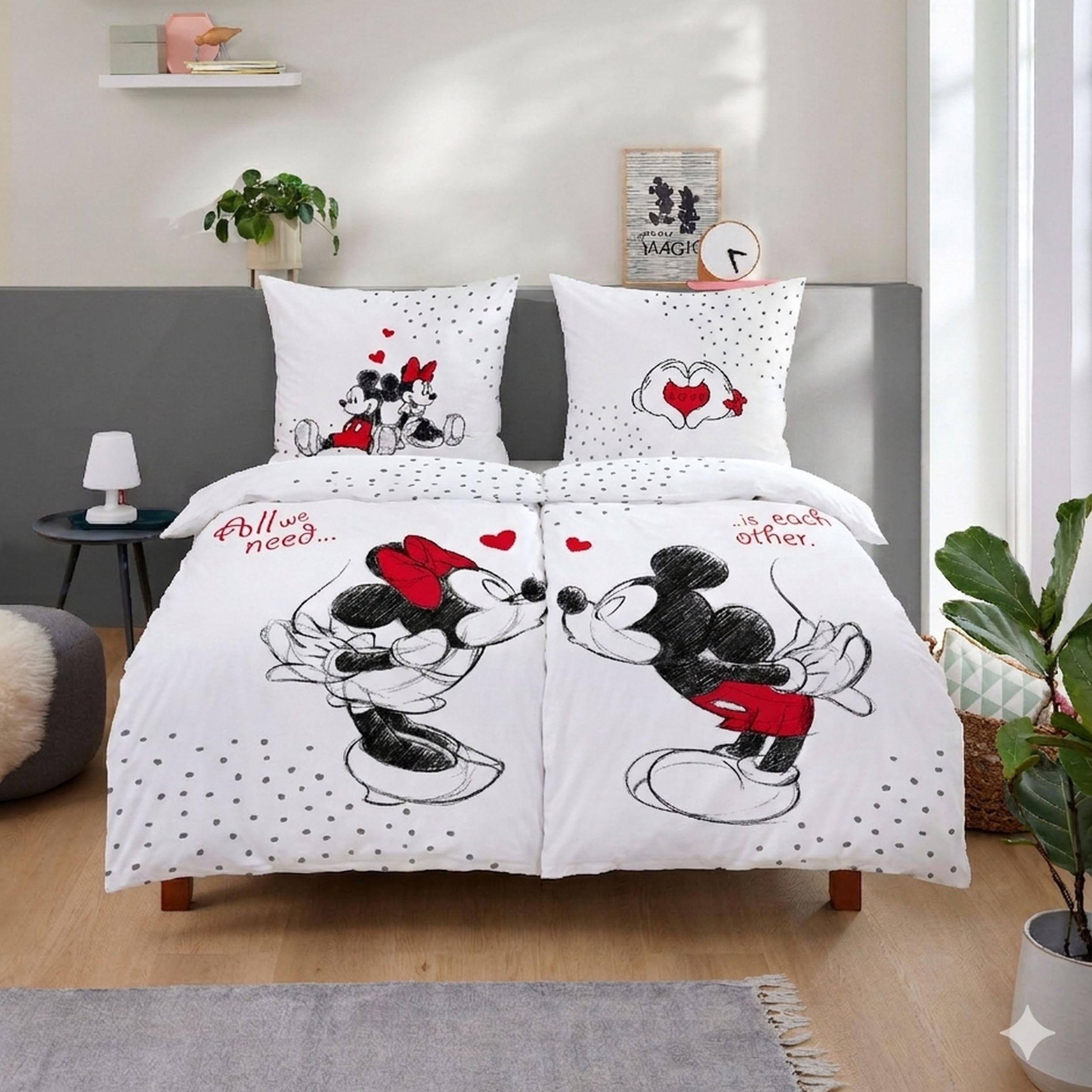 Disney Mickey & Minnie Partnerbettwäsche Set 4-teilig 135x200 cm 80x80 cm - Wendebettwäsche aus 100% Baumwolle mit Reißverschluss - Bettwäsche doppel romantisch Maschinenwäsche, Öko-Tex