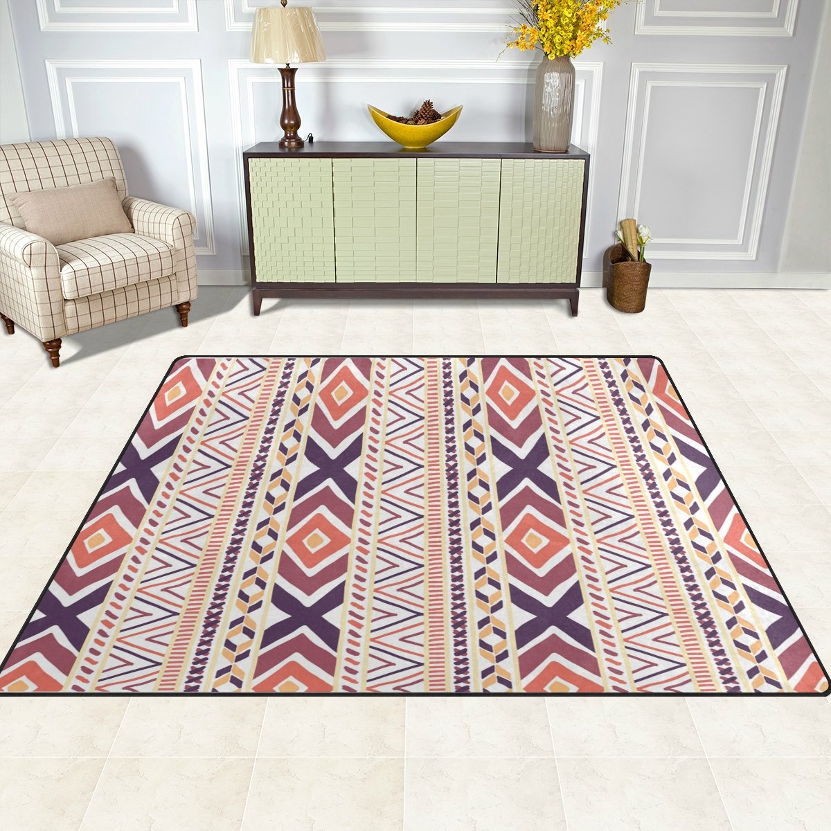 Style Ethnique Motif imprimé Grande Surface Rugs, léger, antidérapant Antistatique Hydrofuge Tapis de Sol pour Salon Chambre à Coucher, 160 x 122 cm