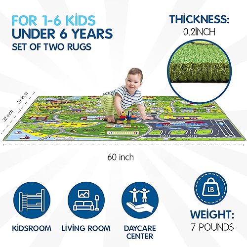 Miniatura 6 de Paquete de 2 alfombras para niños, alfombra de juego para autos de juguete, alfombra de carretera, alfombra de juego antideslizante para niños para