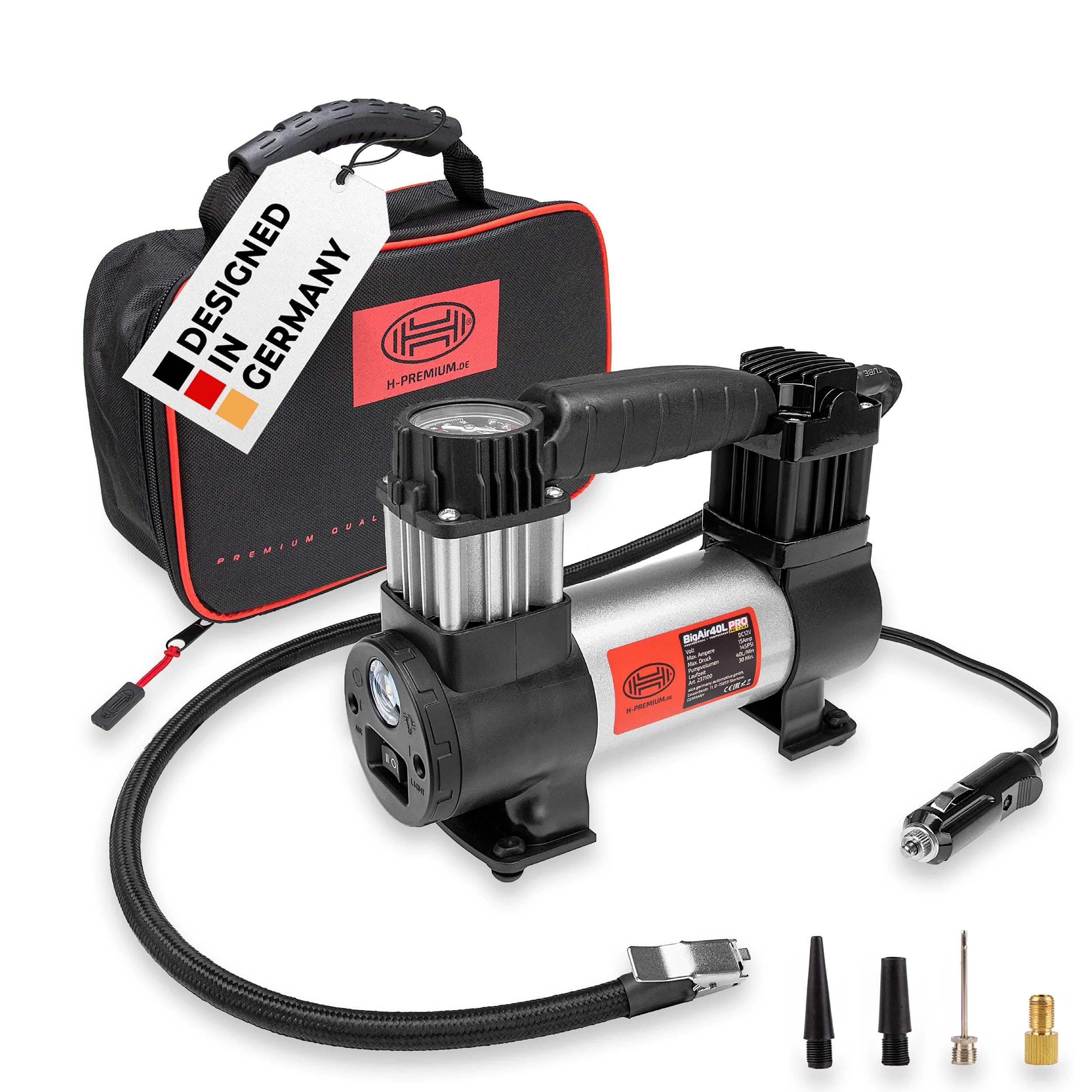 HEYNER® Kompressor 12 V 10 bar 40 l/min PKW Luftpumpe mit SMD LED Licht | Präzisions-Manometer, abnehmbarer Luftschlauch, vier Adapter inklusive Tasche, schnelles Befüllen von SUV und Van unterwegs