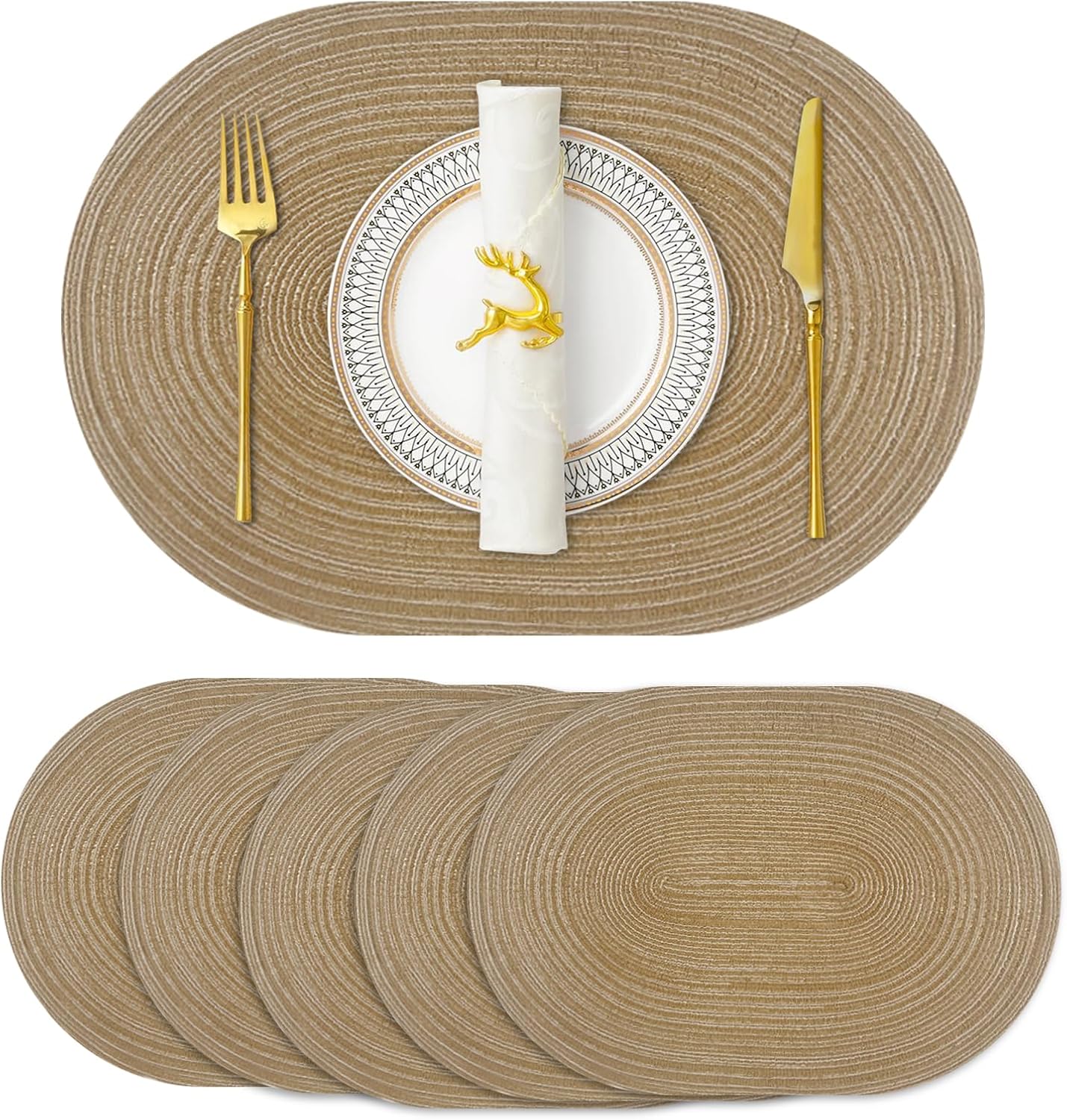 JeogYong Oval Placemats Set of 6 Washable Placemats Woven Placemats 14 x 20 Inch Oval Heat-Resistant Table Mats for Dining Tables, Indoor & Outdoor Decorations (Coffee)