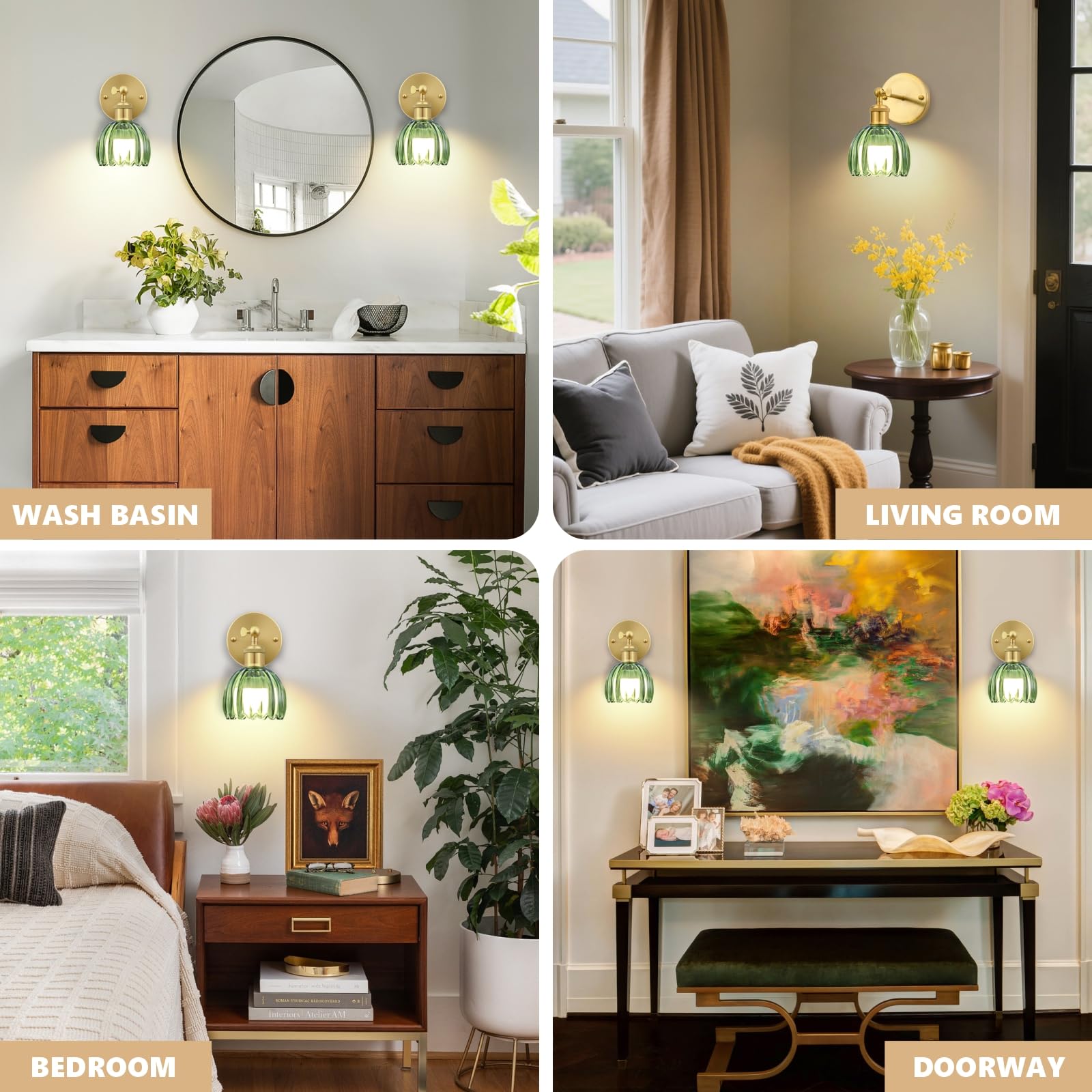 Klassische batteriebetriebene Wandleuchte mit grünem Tulpenglas-Display, kabellos, wiederaufladbar, mit LED-Wandlicht mit verstellbarer Fernbedienung für Nachttisch, Schlafzimmer
