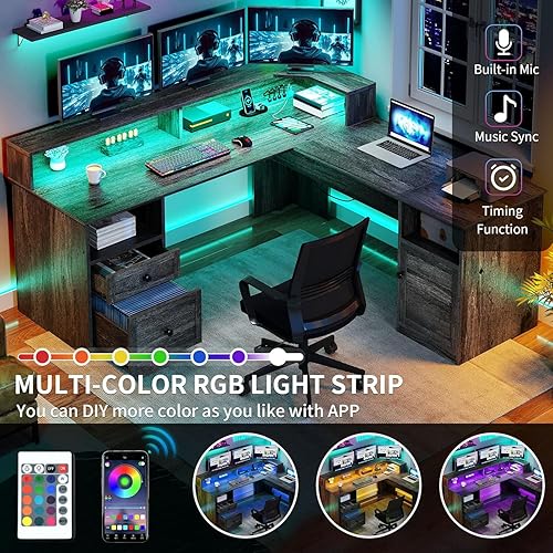 Miniatura 4 de YITAHOME Escritorio en forma de L con tomas de corriente y luces LED, escritorio de esquina de 60 pulgadas con cajones y elevador, escritorio de