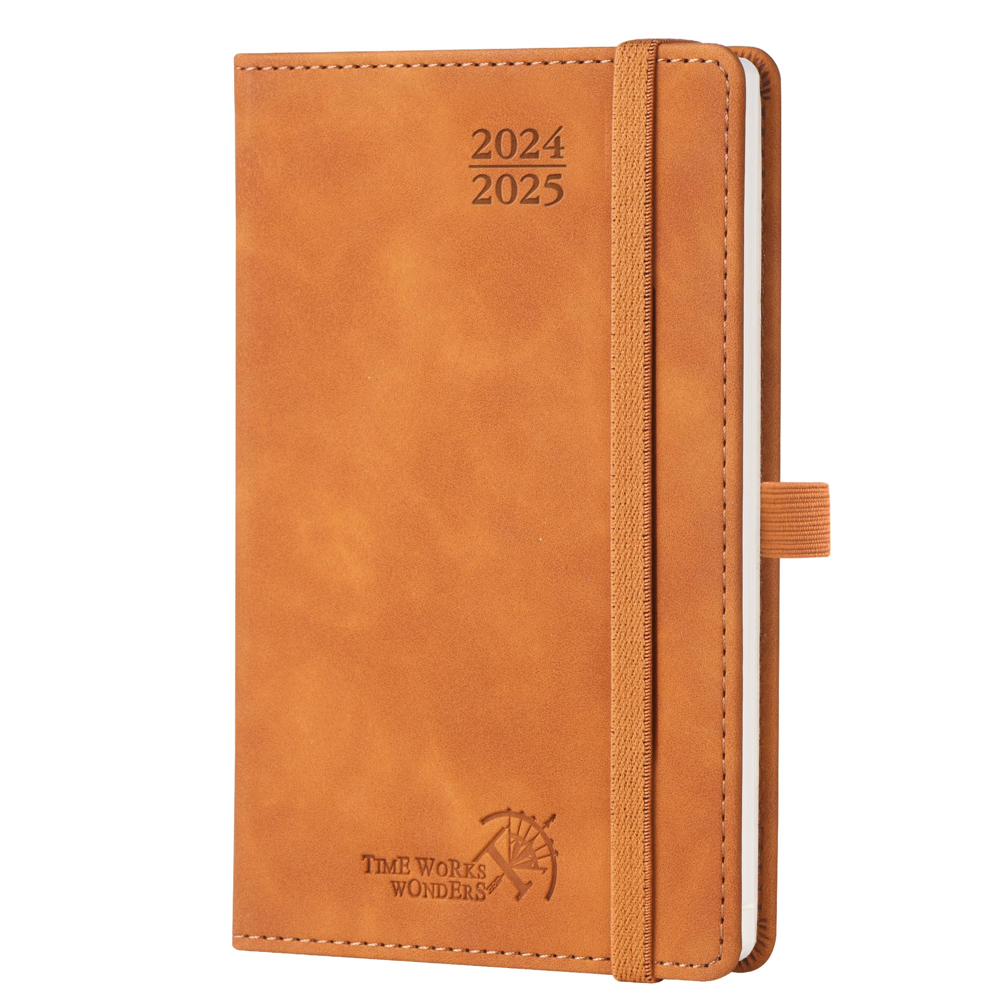 POPRUN Agenda 2024 2025 Pequeña de Bolsillo 16 x 10,5 cm, Una Página por Semana con Una Página de Notas 17 Meses de Ago.2024 a Dic.2025, 100 GSM Papel, Marrón