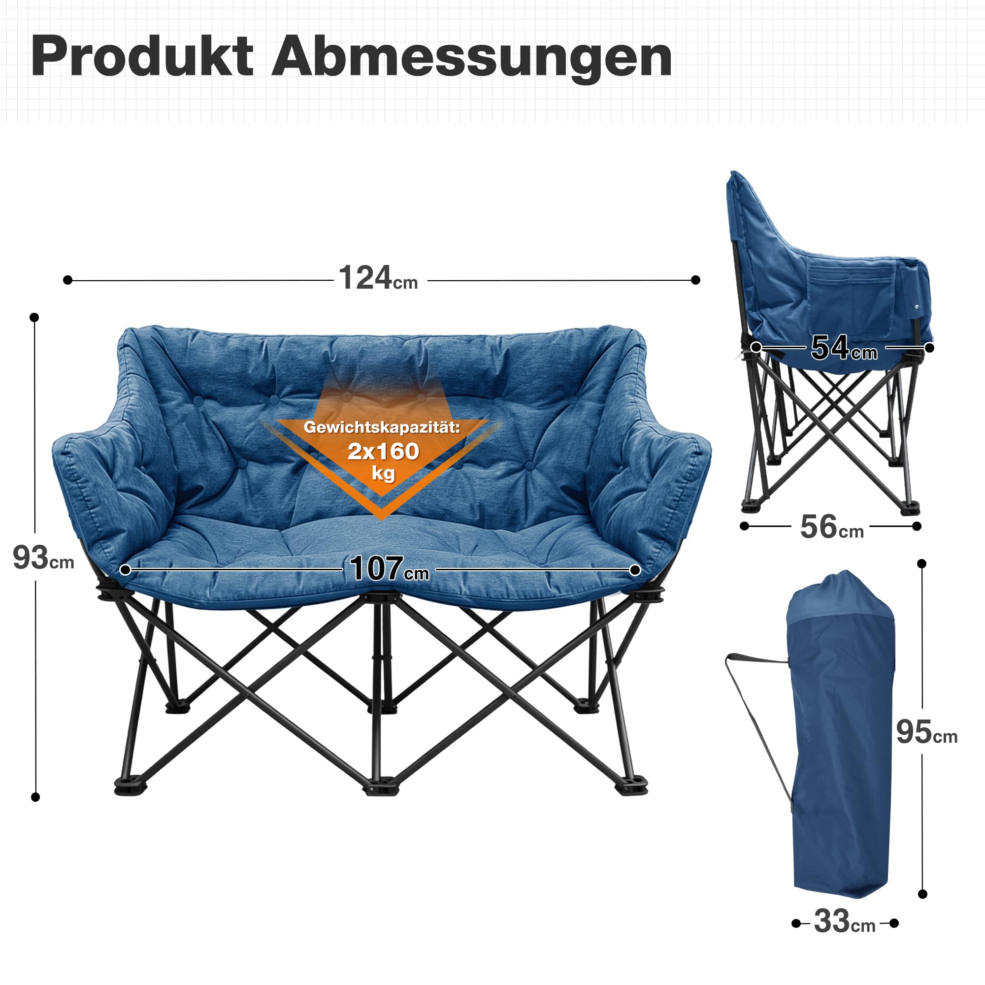 Chaise de camping double pliable, canapé de camping pour 2 personnes, taille XXL | Canapé de camping rembourré, banc de camping pliable, avec 2 places, jusqu'à 320 kg, pour extérieur, jardin, balcon, bleu