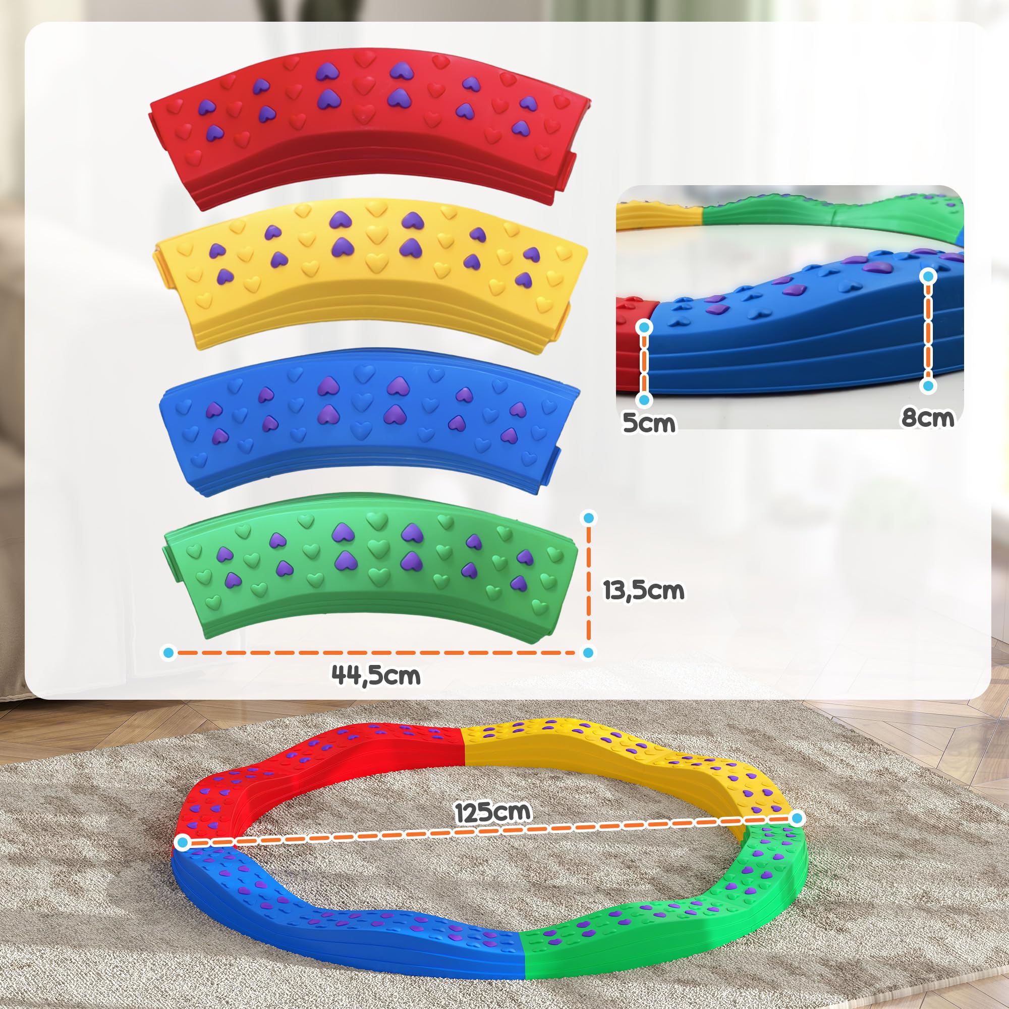 AIYAPLAY Vigas de Equilibrio para Niños de más de 3 Años Tabla de Equilibrio en Forma de Arco con 8 Piezas Base Antideslizante para Entrenamiento de Equilibrio Multicolor