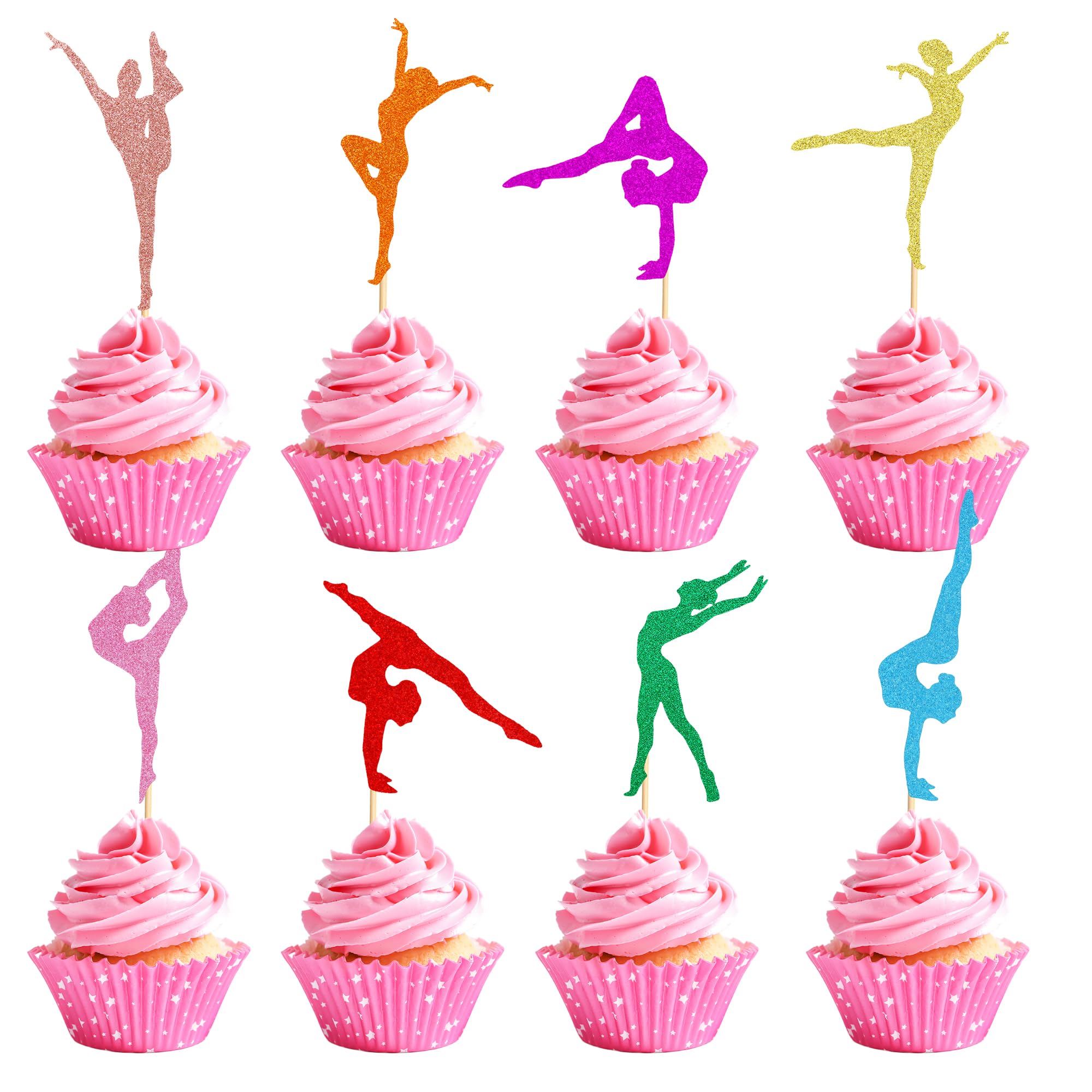 Arthsdite 24Pcs Gymnastics Cupcake Toppers Gymnast Girl Cupcake Picks Toothpicks Colorful Gymnastics Silhouette Cake Decorations for Food Fruit Dessert Gym Theme Birthday Party Favors Supplies