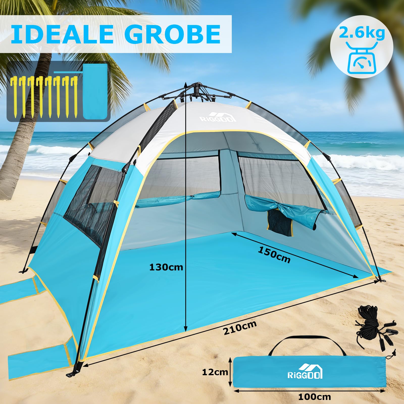 Tente de plage automatique avec protection UV 50+, 210 x 150 x 130 cm, pour 4 personnes, montage rapide en quelques secondes, petite taille une fois repliée, imperméable, coupe-vent, protection