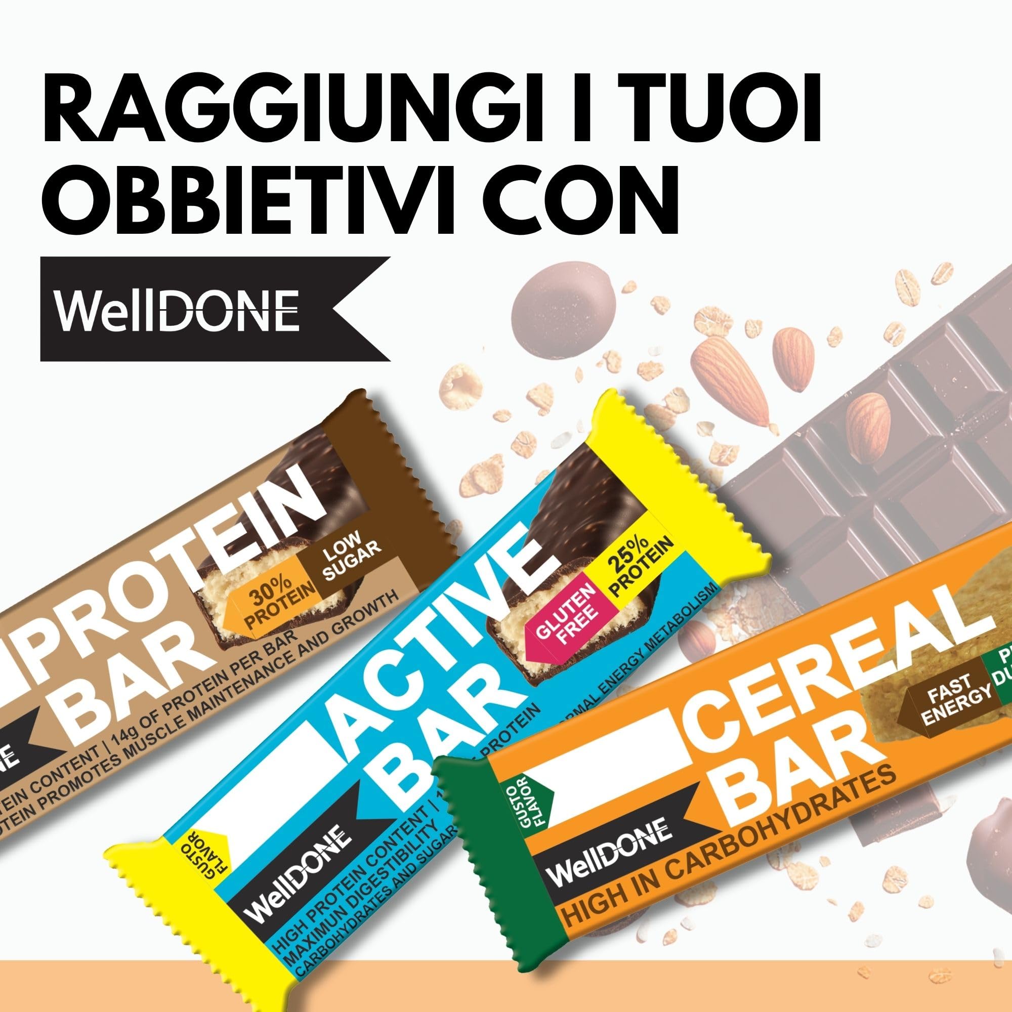 WellDONE, Cereal Crunch Bar Gusto Miele, Barrette Energetiche Made in Italy, Alto Contenuto di Carboidrati, Snack Goloso Anche per Intolleranti al Lattosio, 30 Barrette da 40g