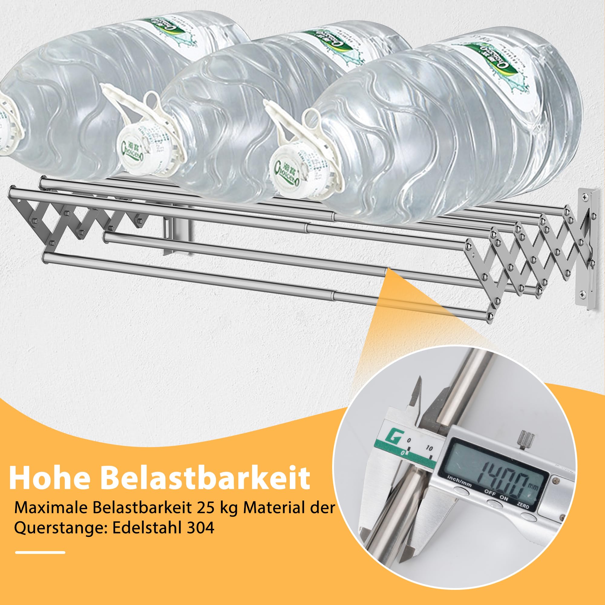 OUUTMEE Wand Wäscheständer Edelstahl Wandtrockner Ausziehbar, Vorderer und hinterer Teleskopbereich: 12~56cm, mit Sieben Zugstangen Tragfähigkeit 25kg (Silber)