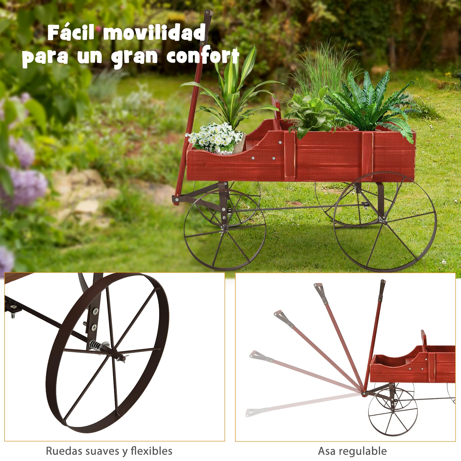 SOARS Soporte para flores, carrito de flores con 4 ruedas de metal, soporte para plantas de madera maciza, jardinera decorativa, carrito de madera, carrito para jardín y balcón (rojo)