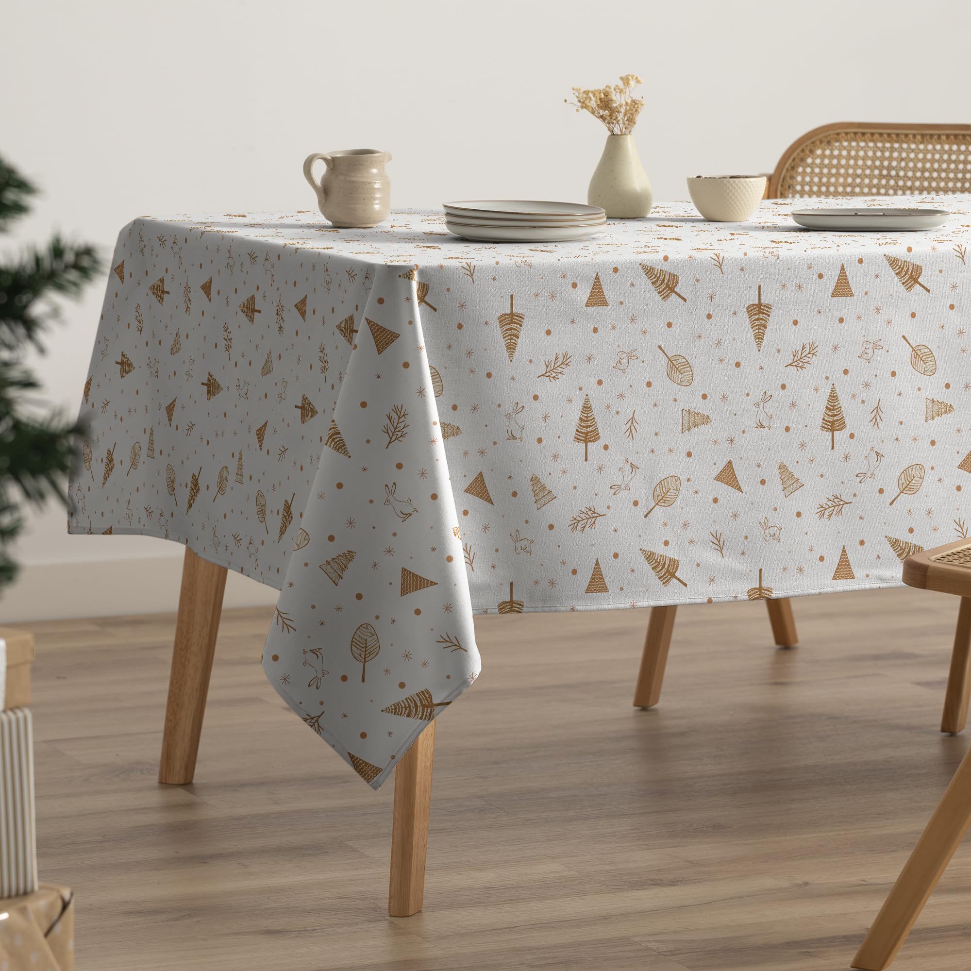 GAMUSI Mantel Navidad Antimanchas Árboles Algodón Mesa Comedor Decoración Navideña Rectangular Tacto Tela 160x200 cm