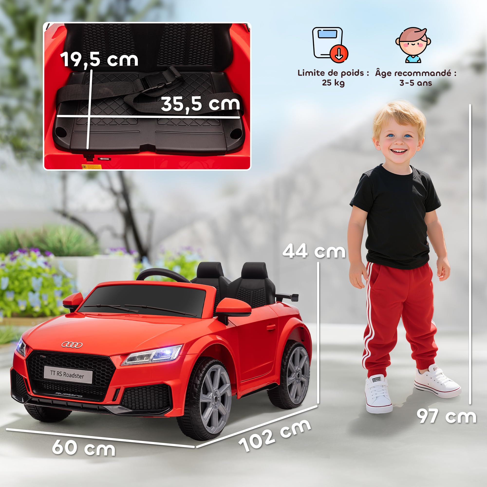 HOMCOM Audi TT RS Voiture Électrique Enfant 12V 30W 3 km/h Télécommande 2,4G Effets Sonores Lumineux Rouge
